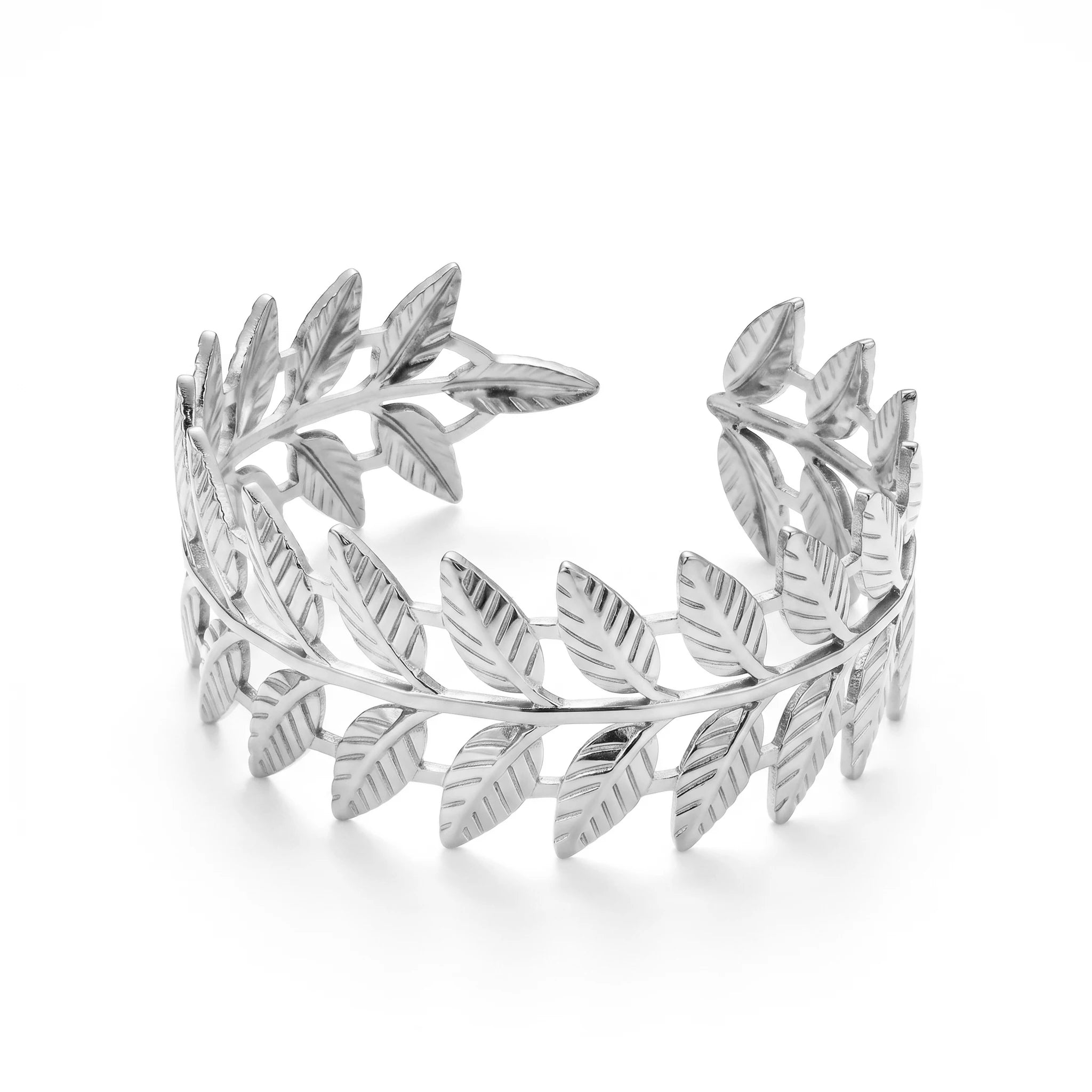 QIAOREN 11886 Boho Beach Laurel Leaf Cuff Bracelet 18K Gold Stainless Steel Greek Olive Branch Open Bangle Vacation Jewelry