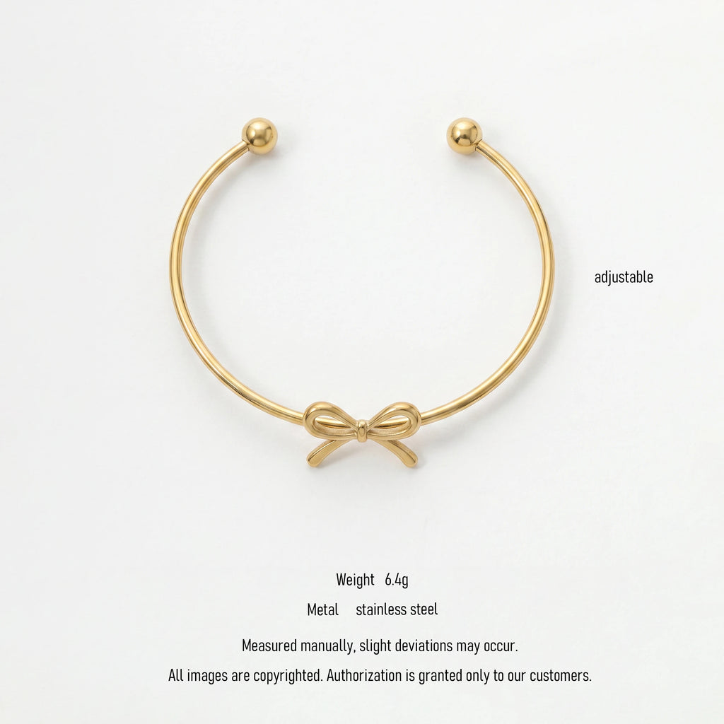 QIAOREN 11009 Cute Ribbon Bow Gold Bangle Stainless Steel Adjustable Bracelet for Summer Beach Vacation Style