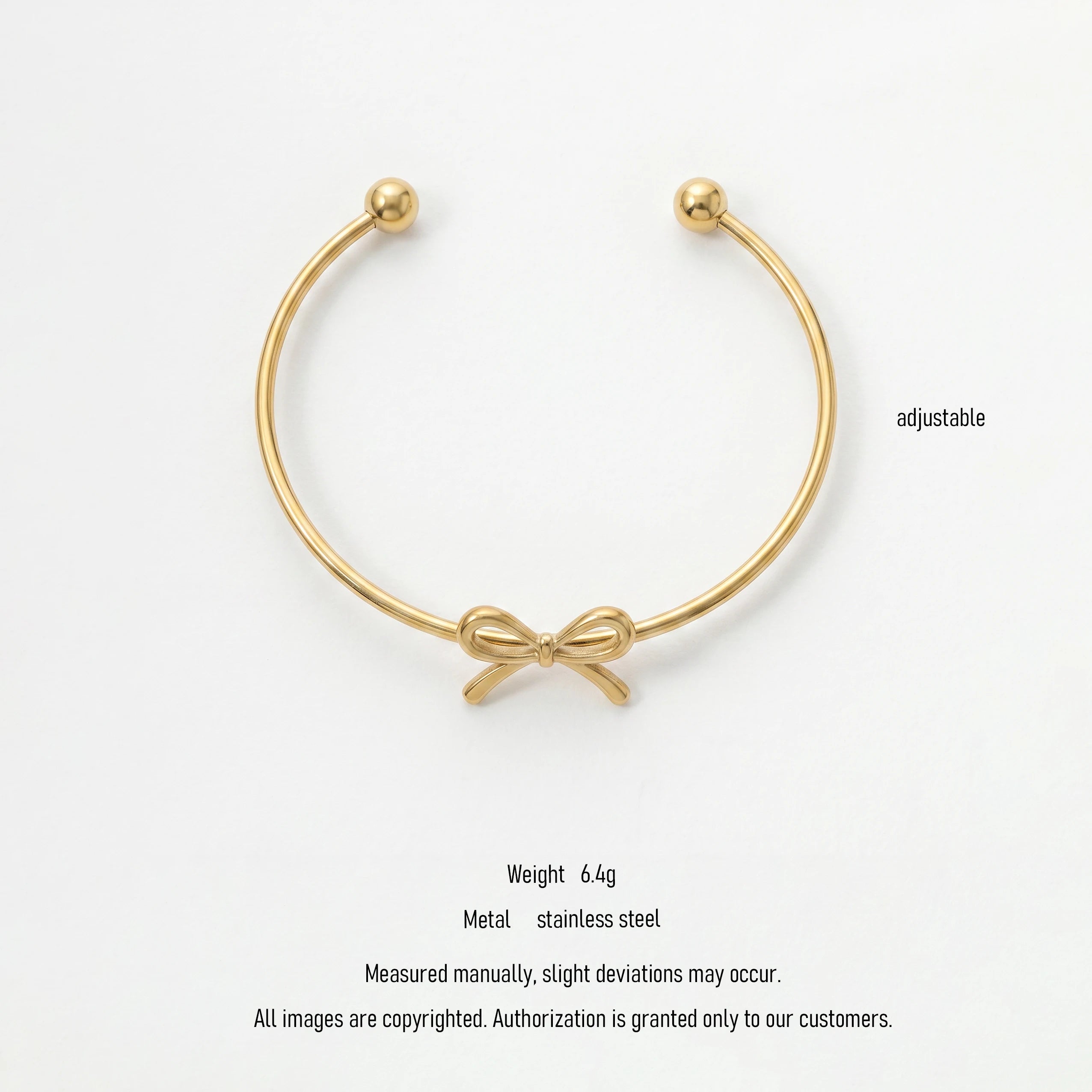 QIAOREN 11009 Cute Ribbon Bow Gold Bangle Stainless Steel Adjustable Bracelet for Summer Beach Vacation Style