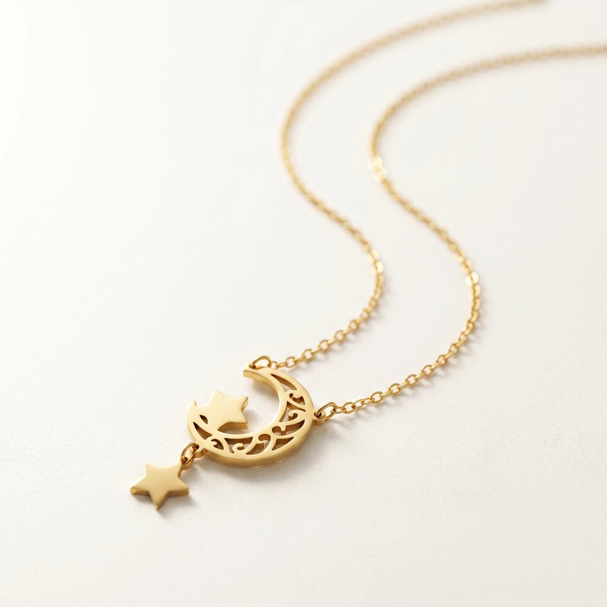 QIAOREN 11952 Elegant Boho Celestial Moon Star Pendant Necklace Gold Stainless Steel Hollow Filigree Jewelry Gift for Women