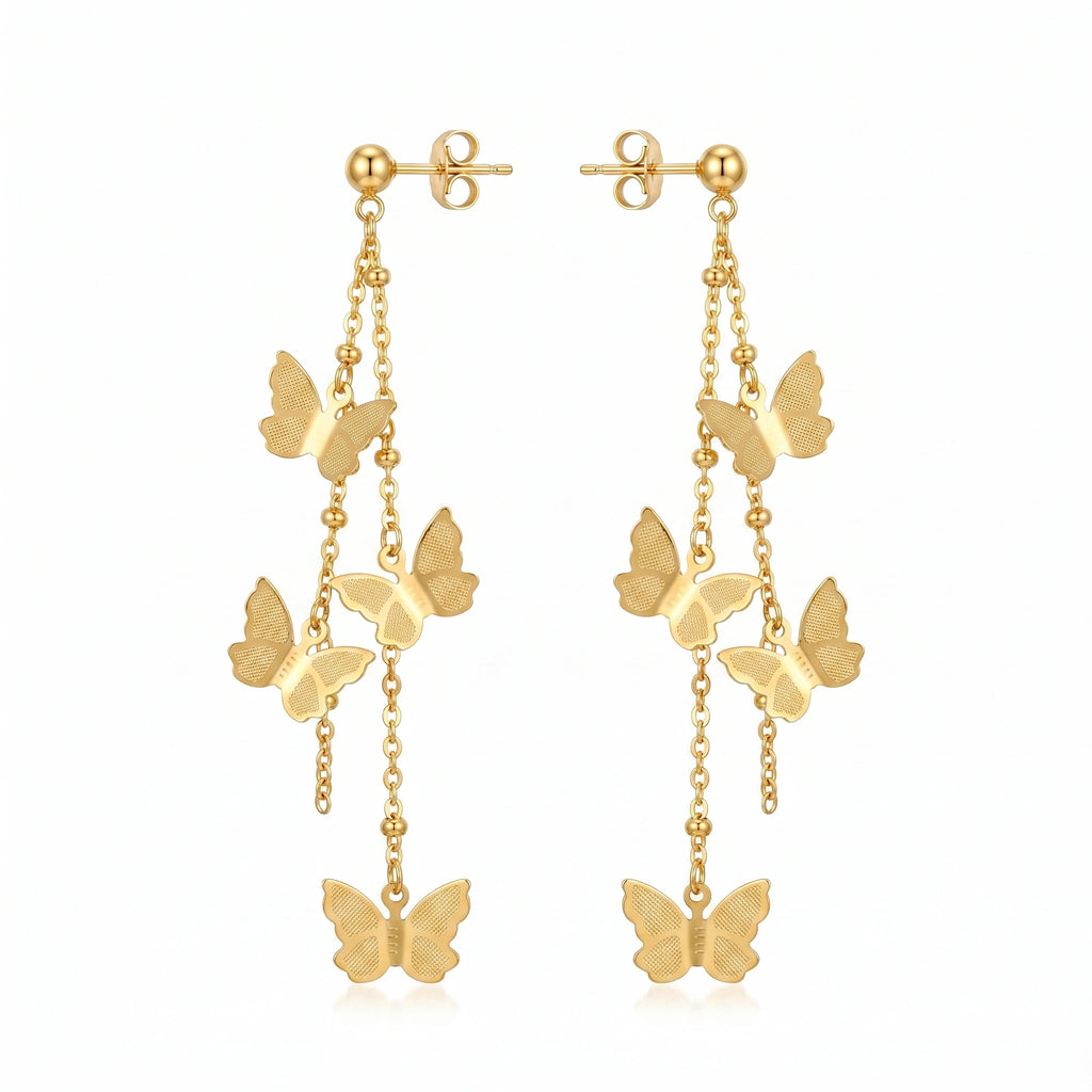 QIAOREN 10788 Dainty Long Tassel Butterfly Dangle Earrings 18K Gold Plated Stainless Steel Waterproof Non Tarnish Women Jewelry