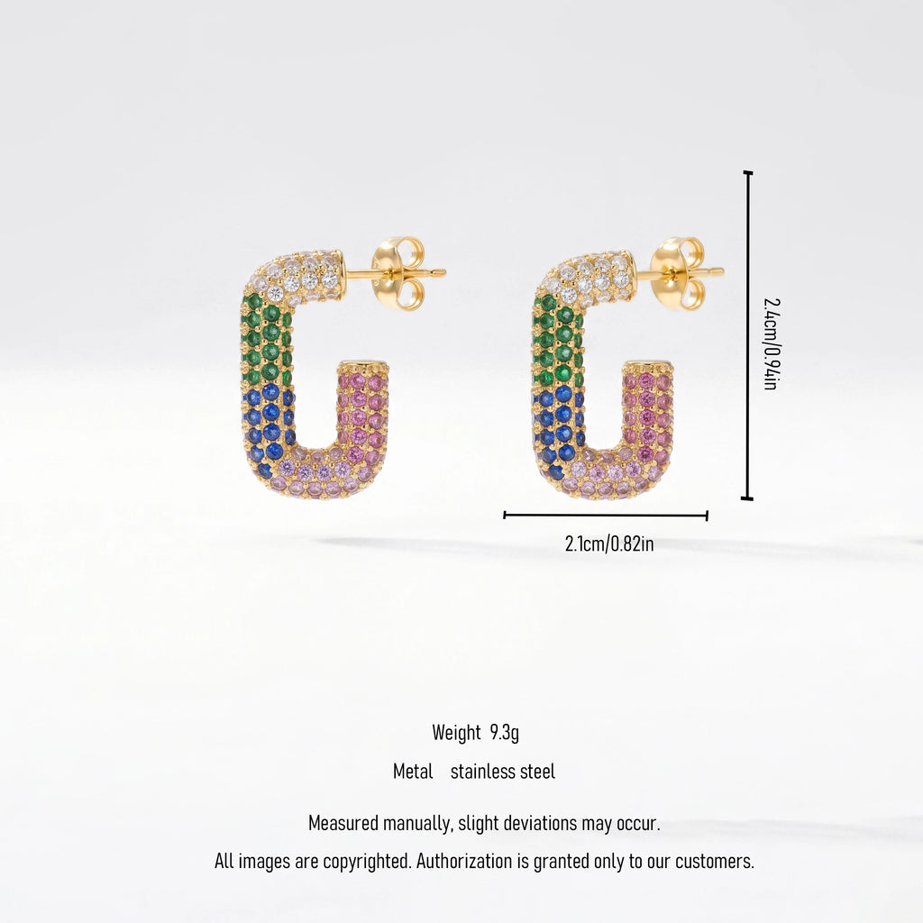 QIAOREN 12426 Elegant Quiet Luxury Colorful Crystal U Shaped Hoops Gold Stainless Steel Rainbow Micro-Pave Statement Earrings