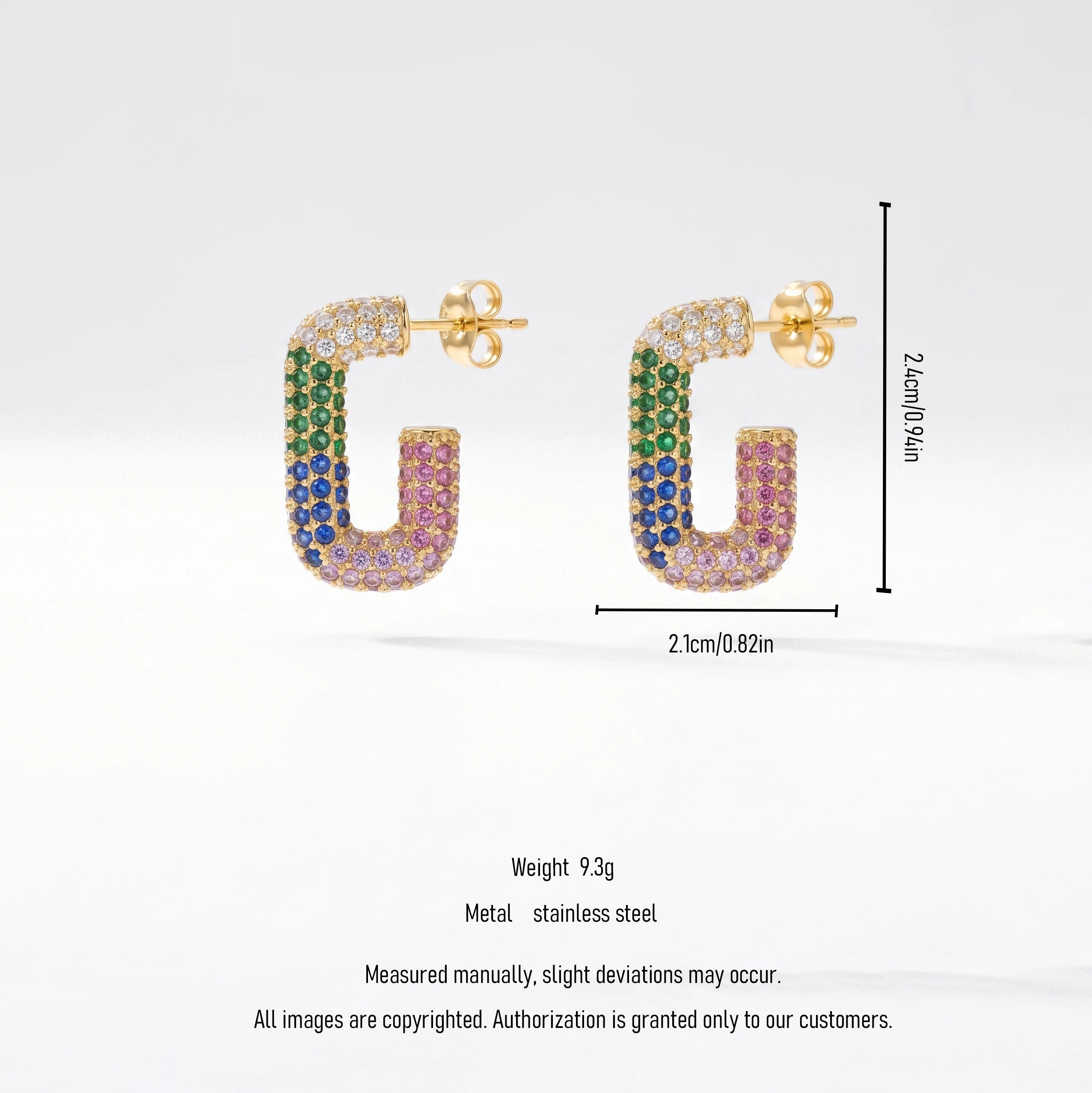 QIAOREN 12426 Elegant Quiet Luxury Colorful Crystal U Shaped Hoops Gold Stainless Steel Rainbow Micro-Pave Statement Earrings