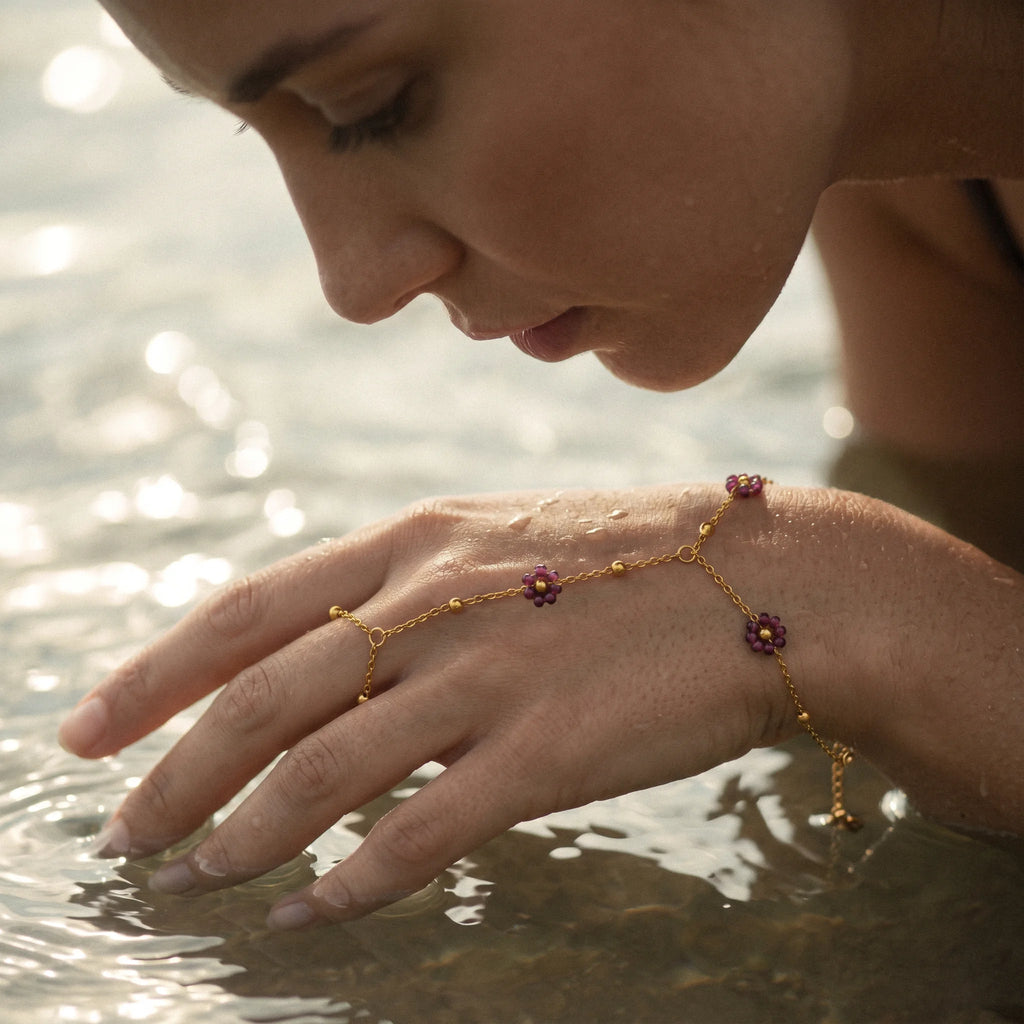 QIAOREN 10763 Dainty Red Beaded Flower Stainless Steel Finger Chain Bracelet Hand Chain for Summer