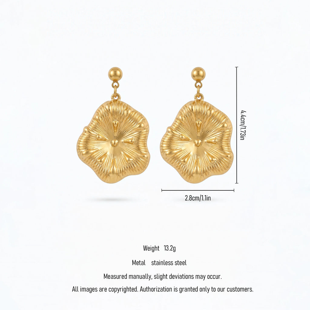 QIAOREN11776 Minimalist Embossed Wavy Floral Dangle Earrings Gold Stainless Steel Fashion Jewelry for Western Girls Vacation