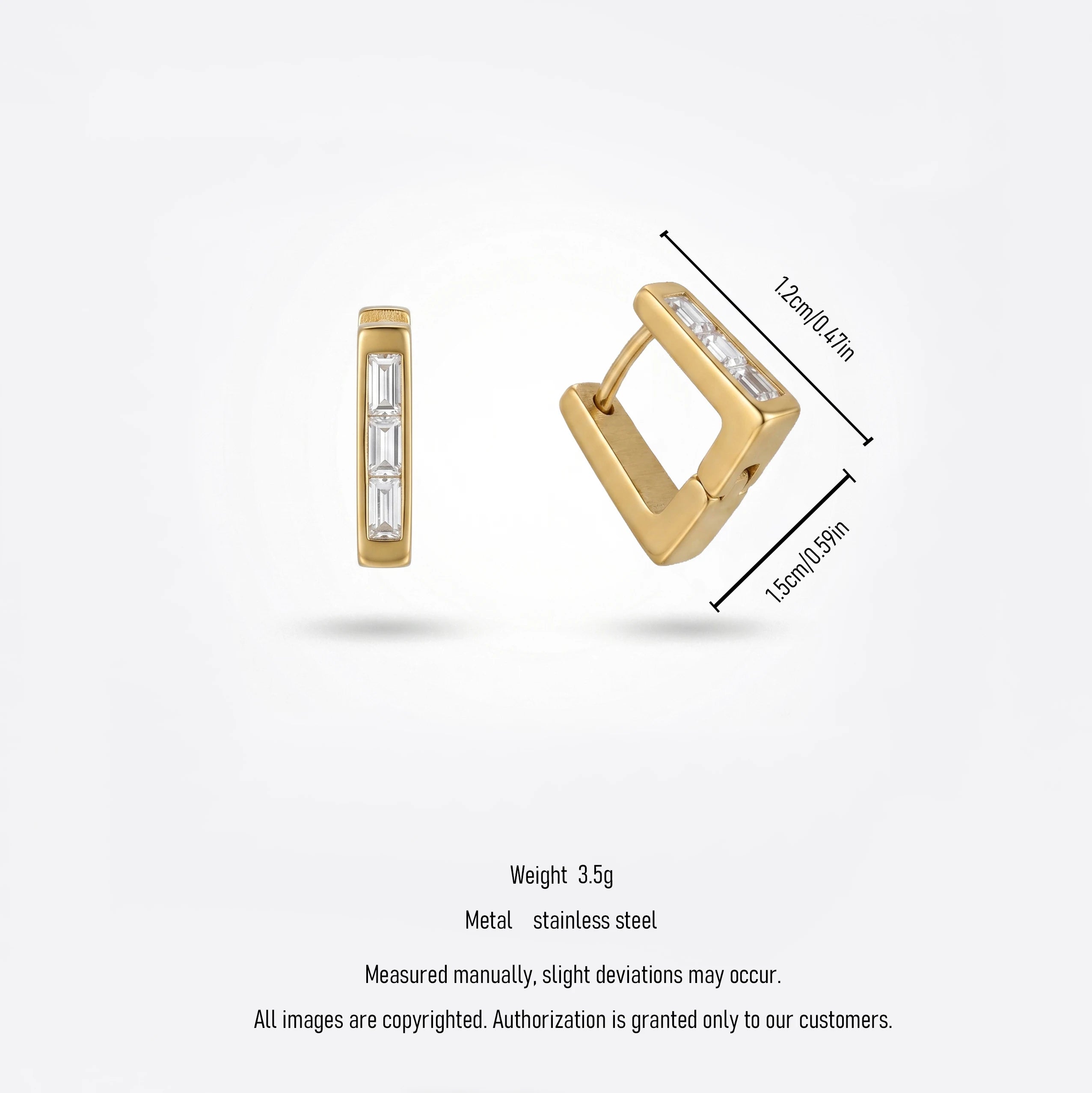 QIAOREN 12342 Waterproof Tarnish Free Square Hoop Earrings Gold Stainless Steel Matte Baguette Zirconia Hinged Huggies Women
