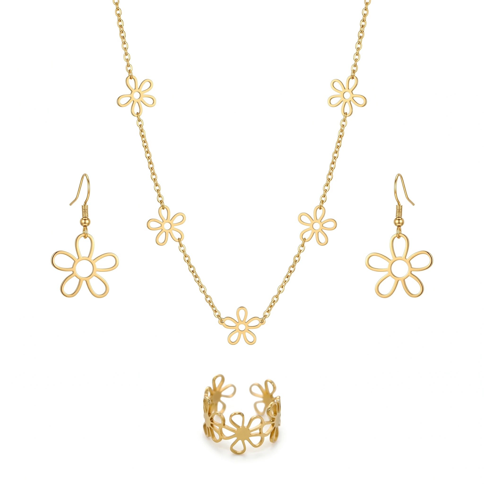 QIAOREN 11571 18K Gold Plated Stainless Steel Hollow Daisy Jewelry Set, 3 Piece Necklace Earrings Ring Set for Women Summer Wear