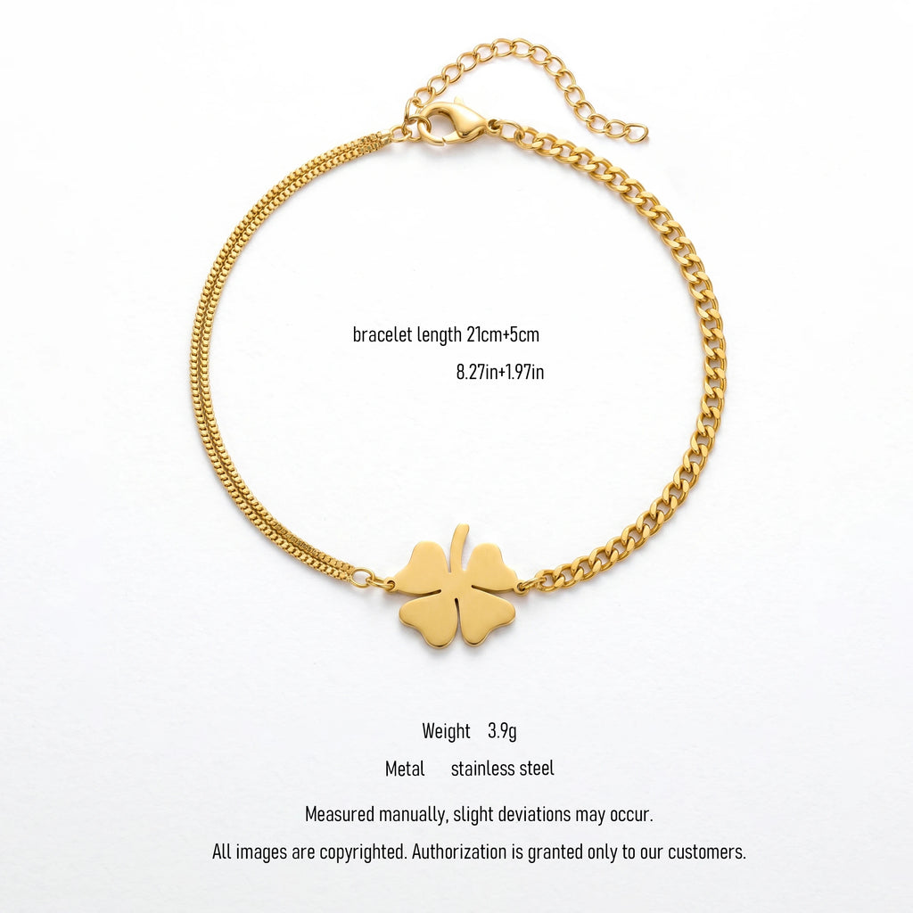 QIAOREN 10778 Dainty 18K Gold Plated Stainless Steel Four Leaf Clover Charm Bracelet Waterproof Double Chain Jewelry