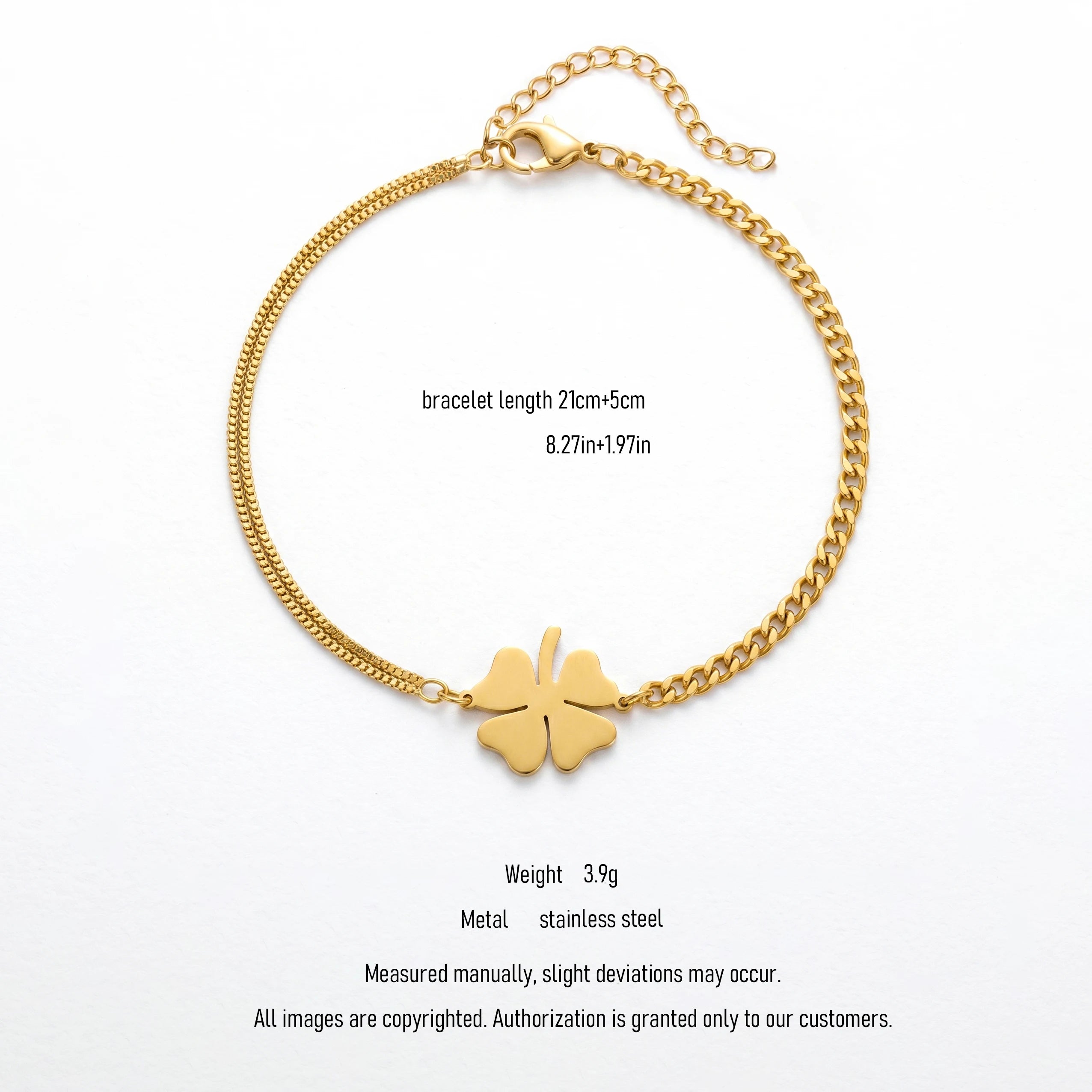 QIAOREN 10778 Dainty 18K Gold Plated Stainless Steel Four Leaf Clover Charm Bracelet Waterproof Double Chain Jewelry