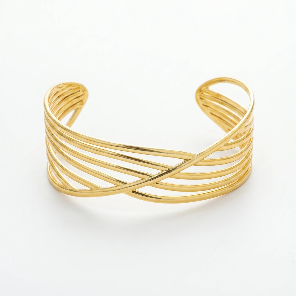 QIAOREN 12673Abstract Overlapping Curved Wire Wide Cuff Bangle Hypoallergenic Stainless Steel Gold Bracelet Party Birthday Gift