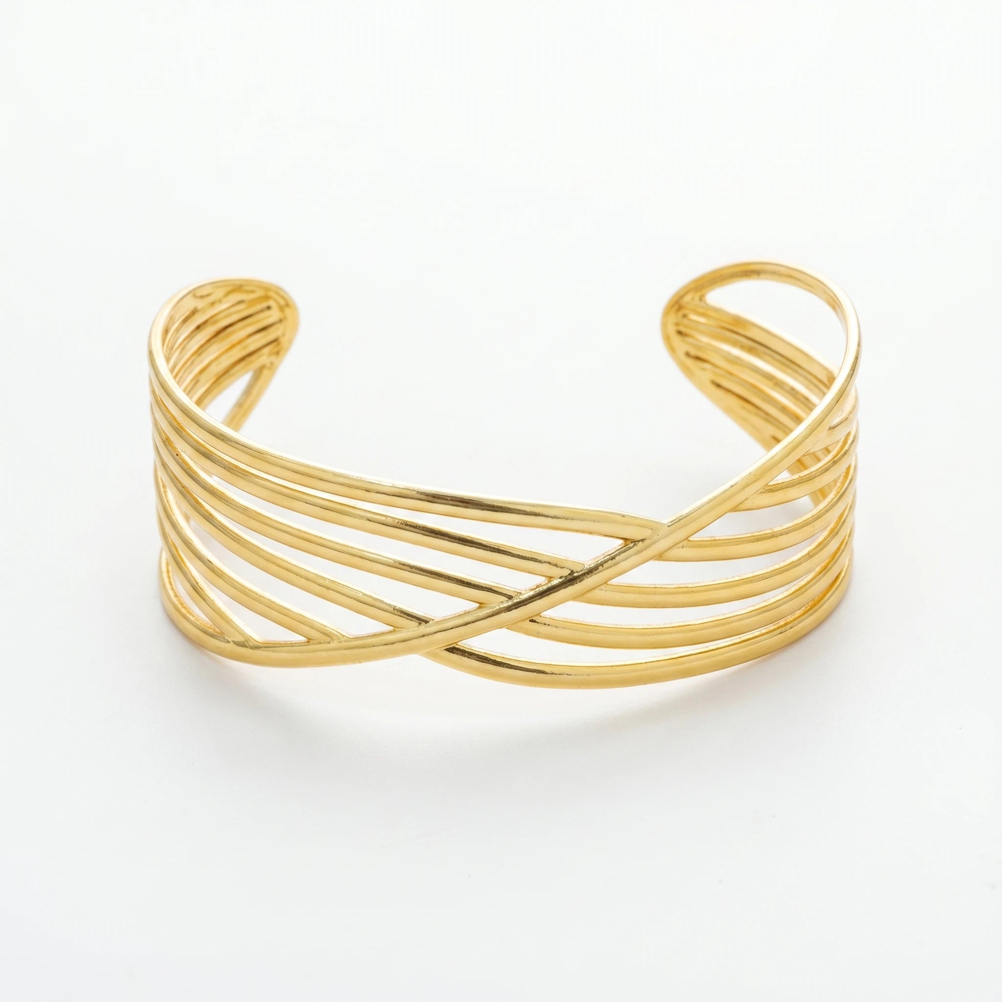 QIAOREN 12673Abstract Overlapping Curved Wire Wide Cuff Bangle Hypoallergenic Stainless Steel Gold Bracelet Party Birthday Gift