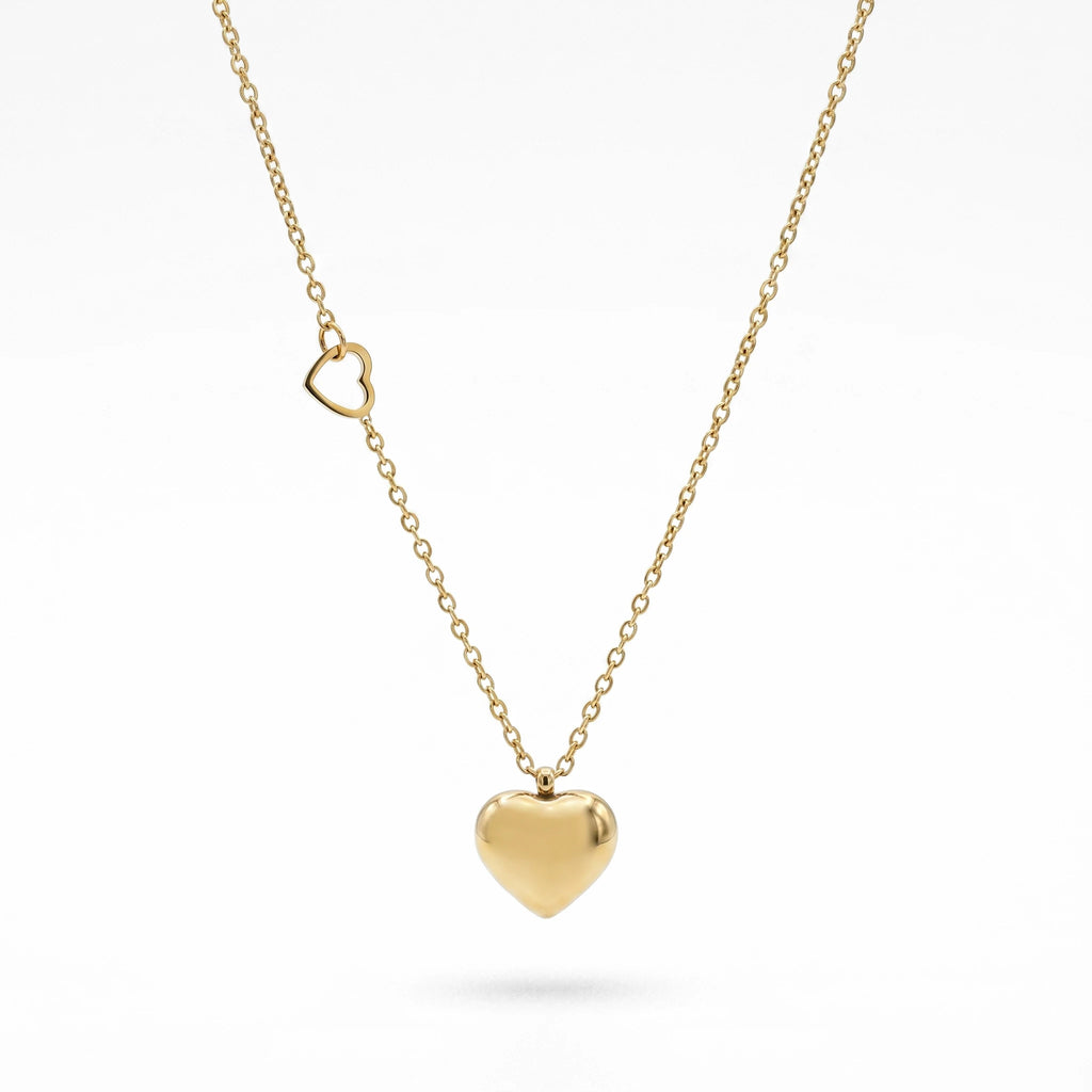 QIAOREN 10824 18K Gold Plated Asymmetrical Double Heart Pendant Necklace Stainless Steel Tarnish Free Waterproof Jewelry