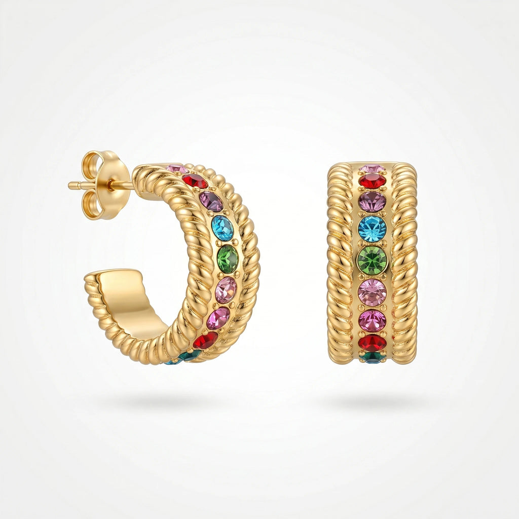 QIAOREN 12427Waterproof Tarnish Free Twisted Cable Border Earrings Stainless Steel Gold Multicolor CZ Half Hoop Studs Women