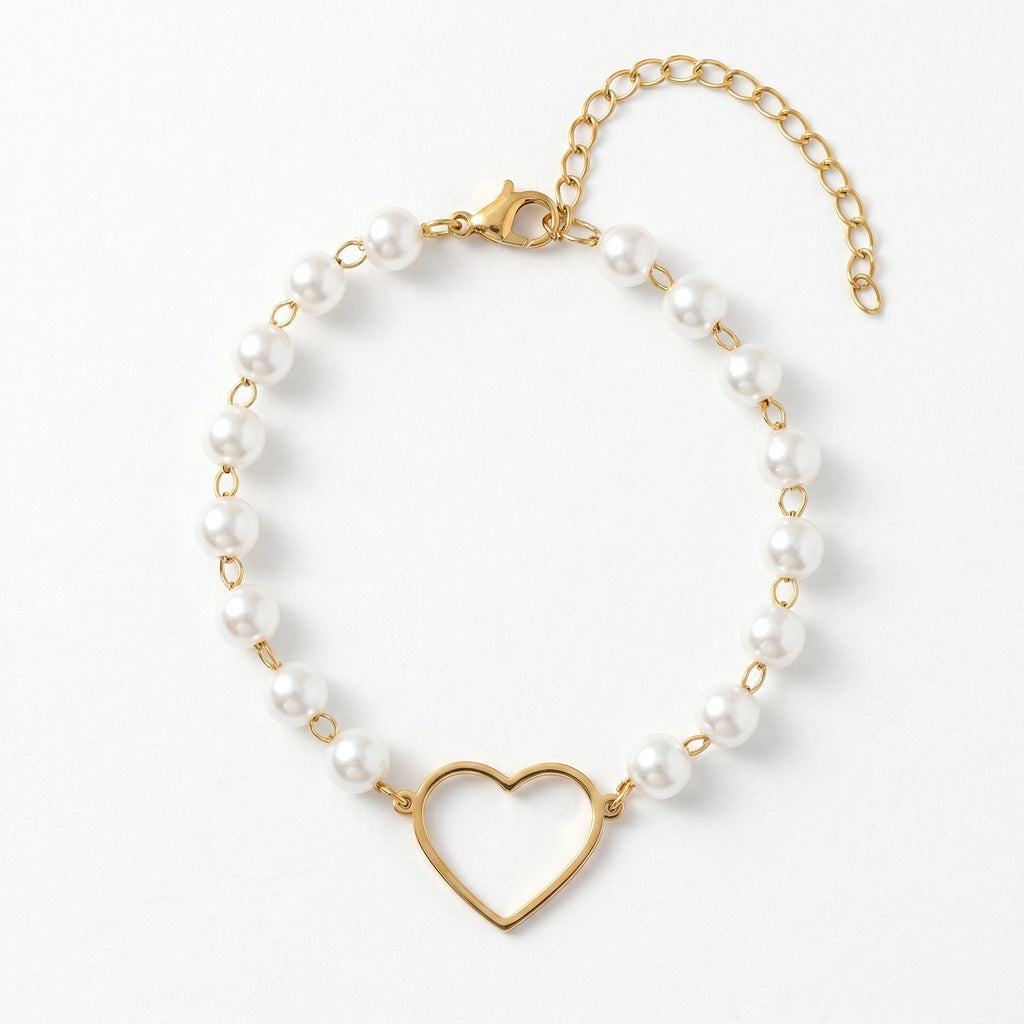 QIAOREN11950Trendy White Pearl Beaded Heart Bracelet Stainless Steel 18K Gold Plated Hollow Open Heart Romantic Jewelry US EU