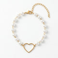 QIAOREN11950Trendy White Pearl Beaded Heart Bracelet Stainless Steel 18K Gold Plated Hollow Open Heart Romantic Jewelry US EU