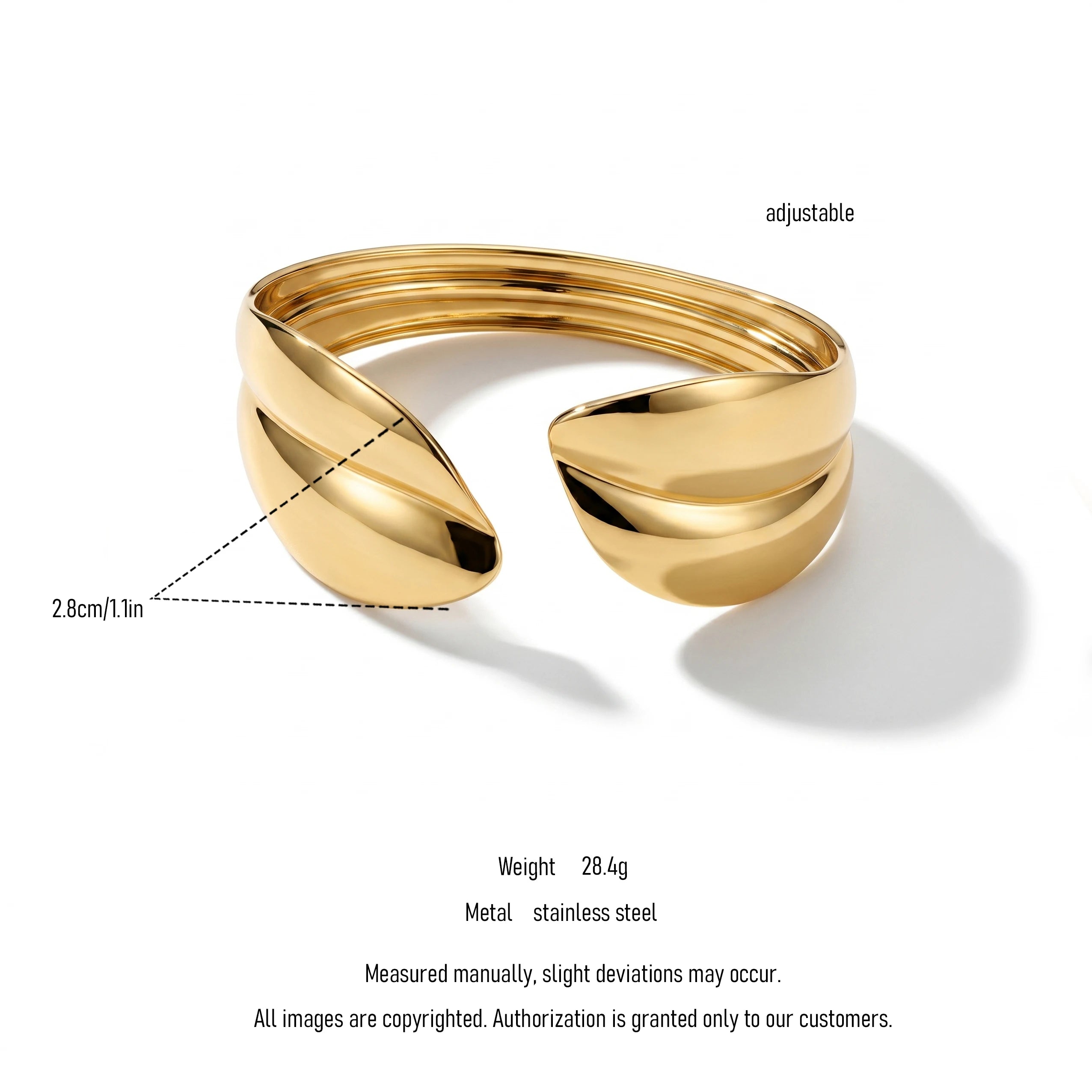 QIAOREN 12671 18K Gold Polished Double Teardrop Twist Open Cuff Bracelet Stainless Steel Glossy Multi-Layer Adjustable Wrist