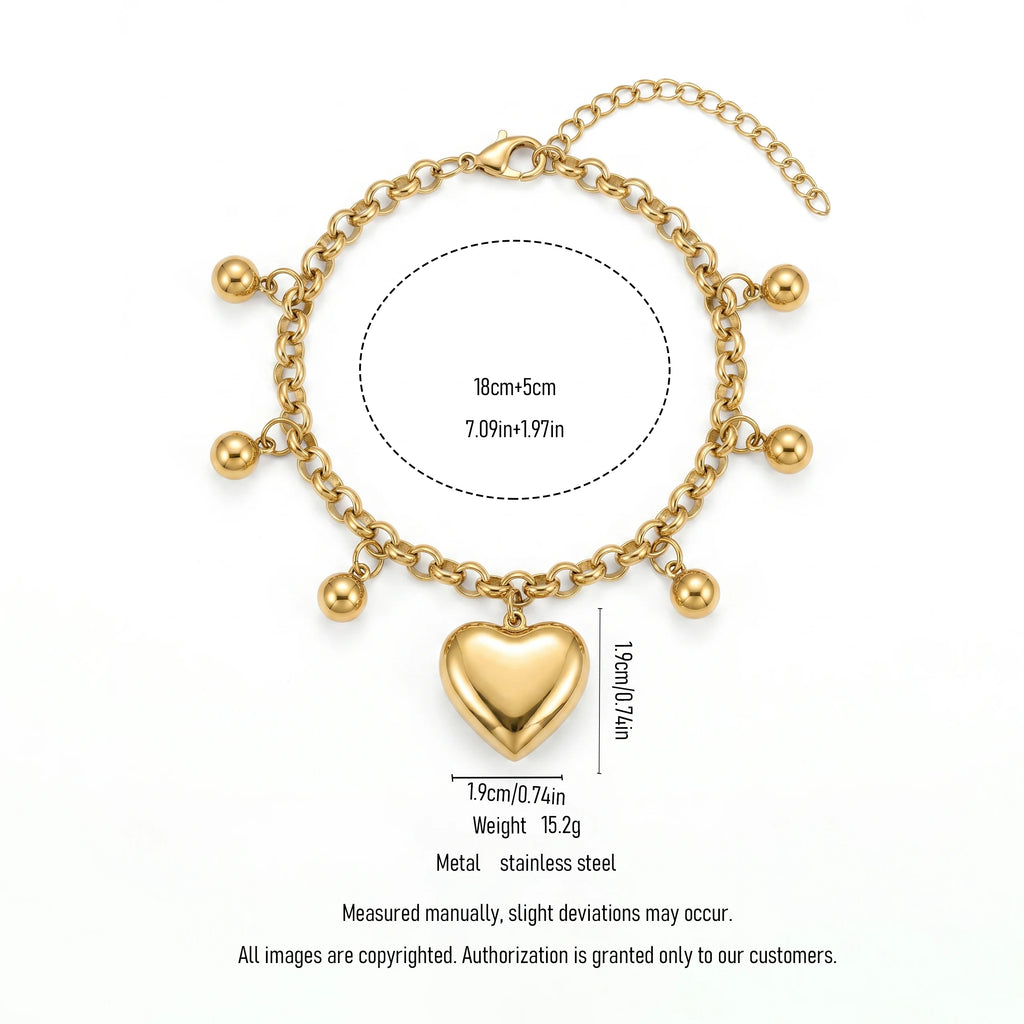 QIAOREN 11428 Rust Proof Waterproof 18K Gold Plated Stainless Steel Puffy Heart Ball Charm Bracelet