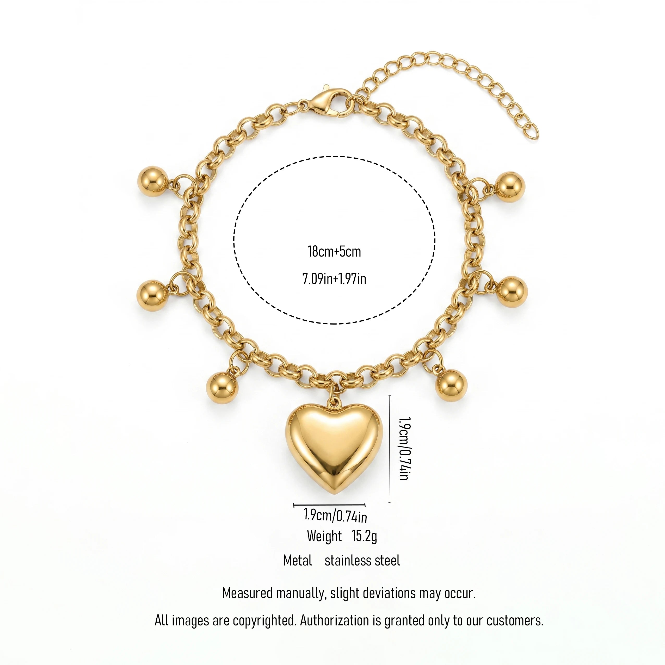 QIAOREN 11428 Rust Proof Waterproof 18K Gold Plated Stainless Steel Puffy Heart Ball Charm Bracelet