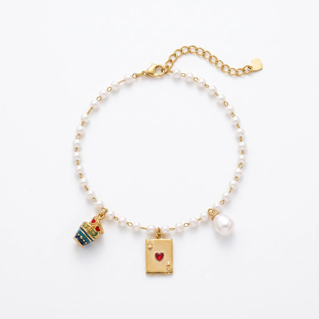 QIAOREN 13320 Sweet Pearl Anklet with Ace Heart, Crown & Pearl Charms, Lucky Card Foot Jewelry Gift for Casual Daily Looks