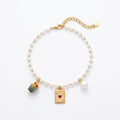 QIAOREN 13320 Sweet Pearl Anklet with Ace Heart, Crown & Pearl Charms, Lucky Card Foot Jewelry Gift for Casual Daily Looks