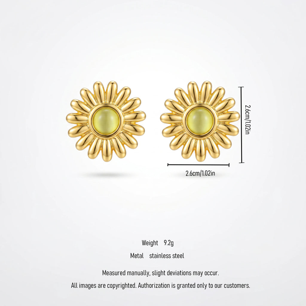 QIAOREN 13265 Gold Tone Daisy Flower Stud Earrings Inlaid Round Yellow Cat Eye Stone Sunflower Shape Pin Studs Warm Retro Gentle
