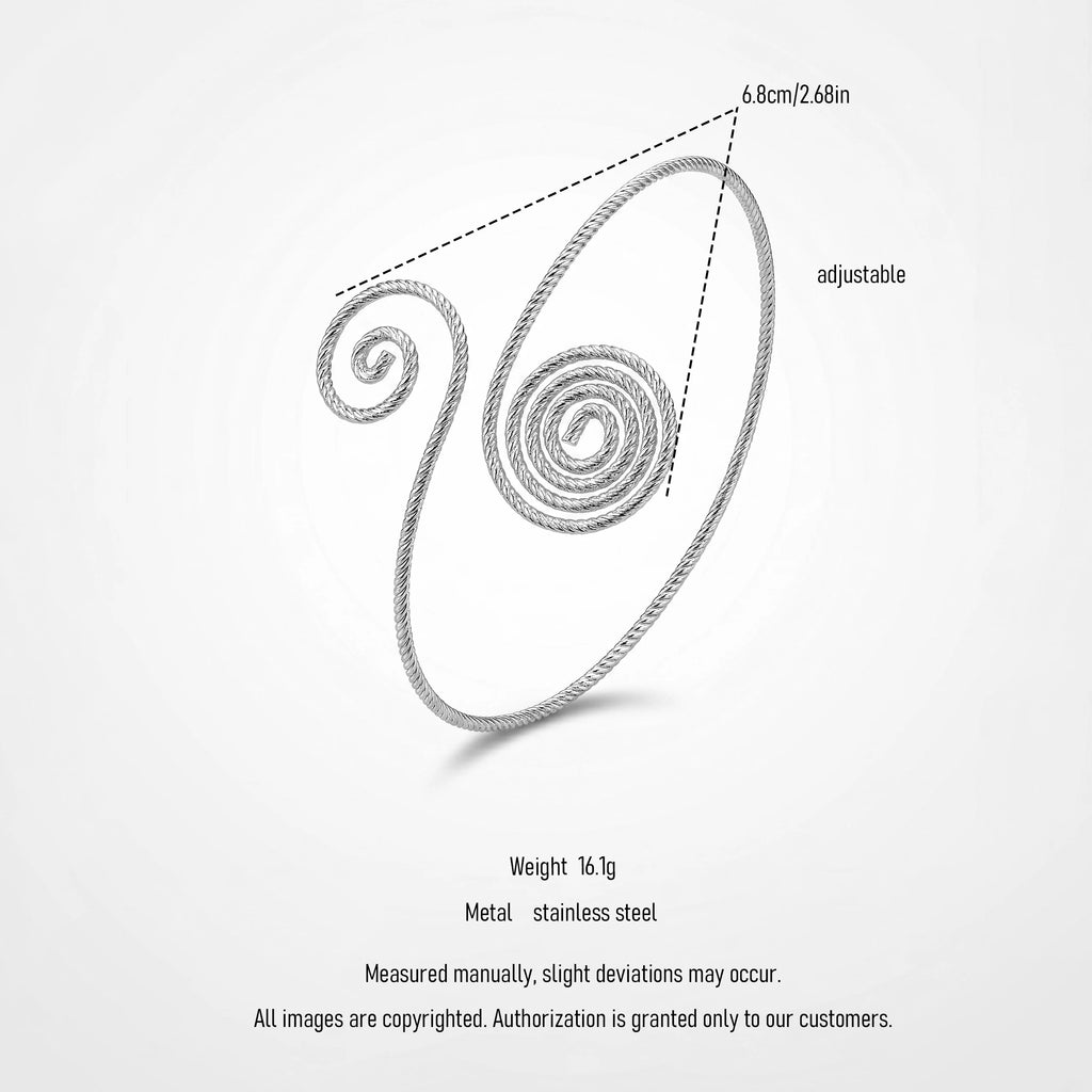 QIAOREN 12775  Minimalist Twisted Wire Swirl Spiral Cuff Bracelet Stainless Steel Silver Adjustable Open Stackable Wrist Jewelry