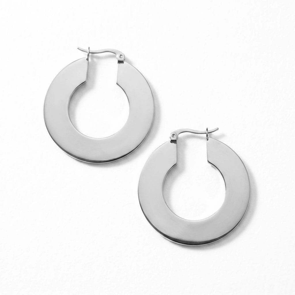 QIAOREN 10911 Polished Wide Flat Hoop Earrings Stainless Steel Hypoallergenic 18K Gold Plated Trendy Geometric for Women