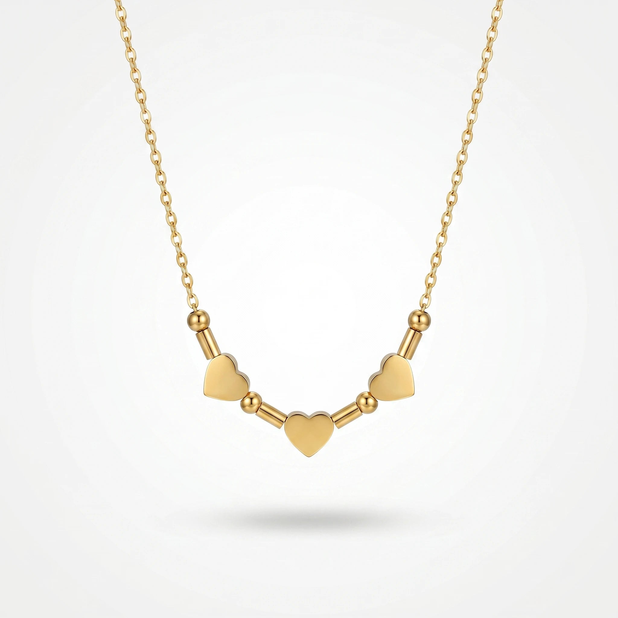QIAOREN 11780 18K Gold Plated Stainless Steel Three Heart Beaded Bar Necklace Dainty Love Jewelry Gift for US European Women