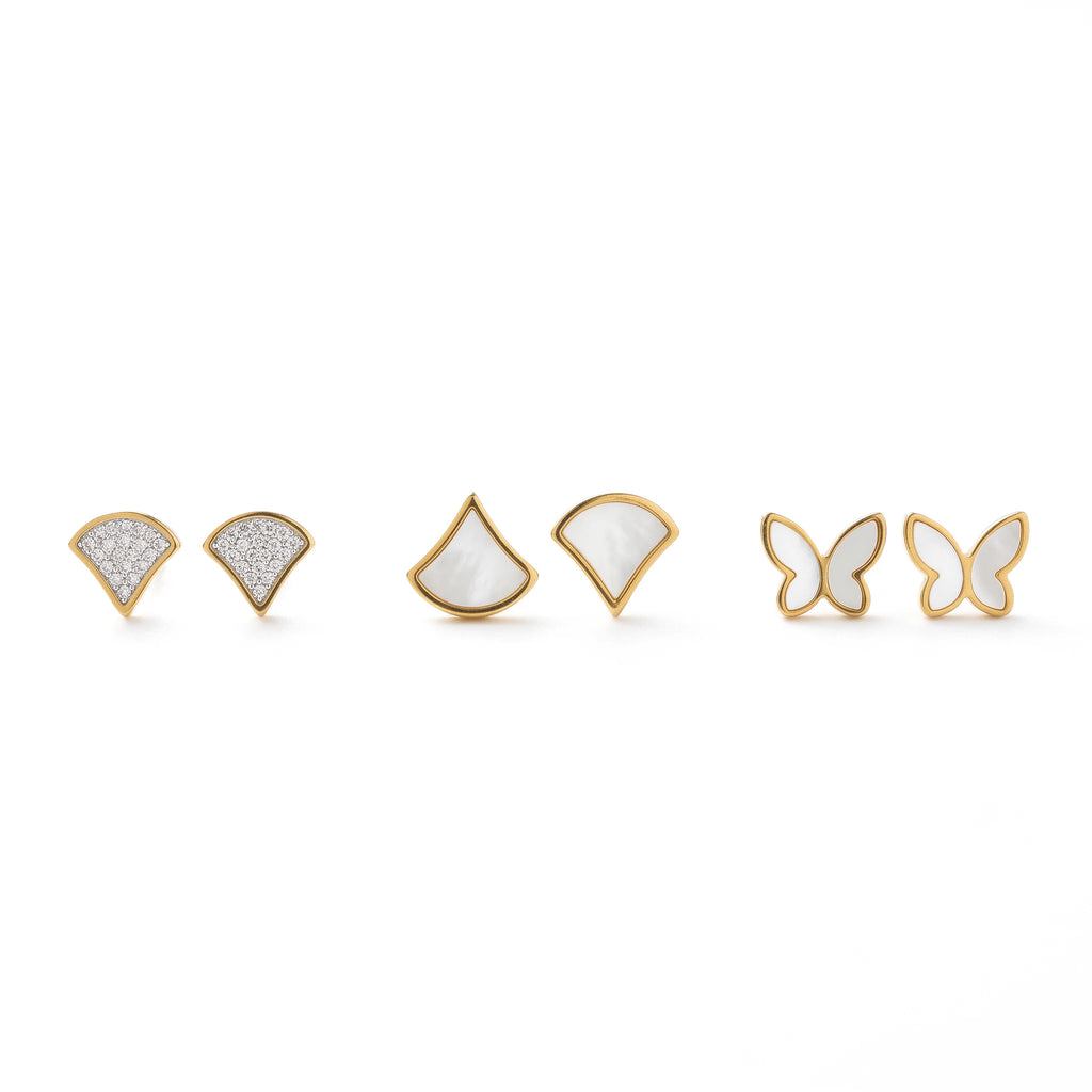 QIAOREN 14450 3 Pair Gold Stainless Steel Stud Earrings, White Quartz Fan & Quartz Butterfly for Women Daily Casual Outfits