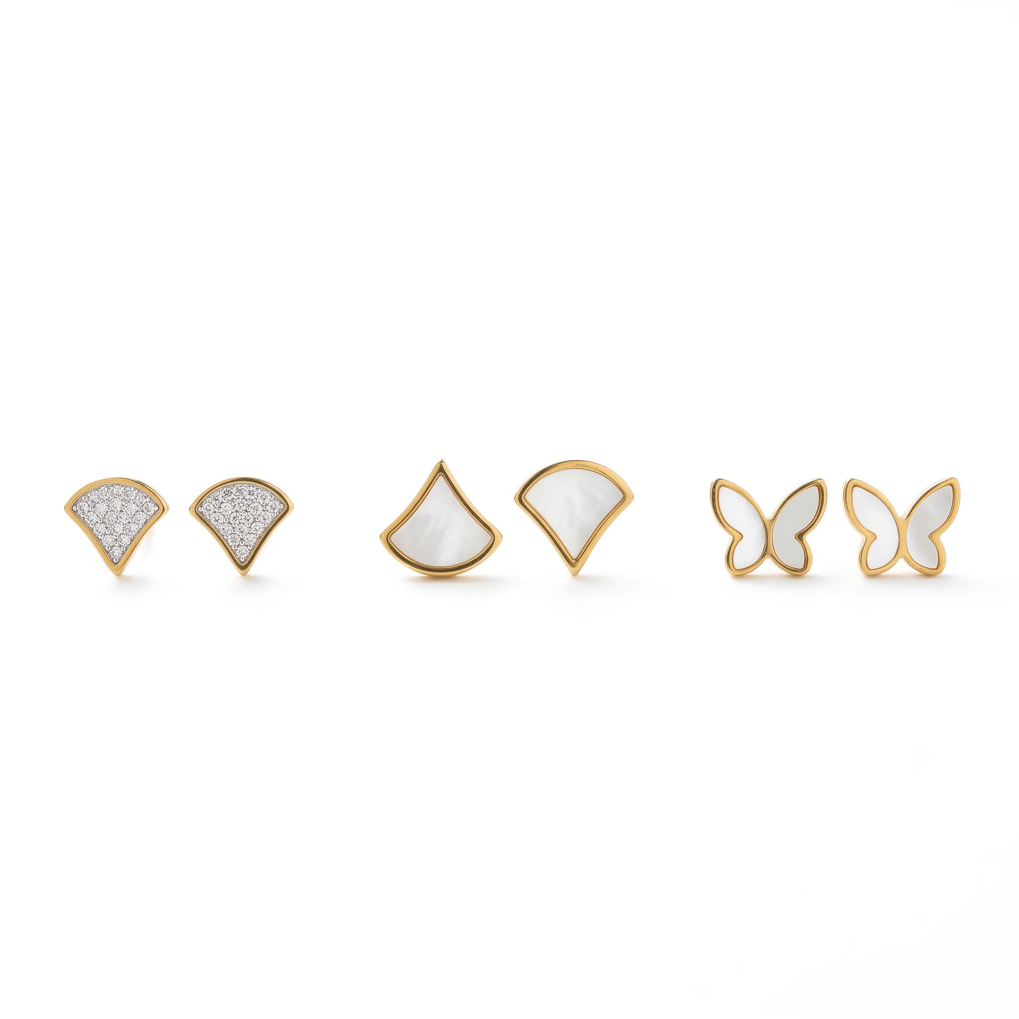 QIAOREN 14450 3 Pair Gold Stainless Steel Stud Earrings, White Quartz Fan & Quartz Butterfly for Women Daily Casual Outfits