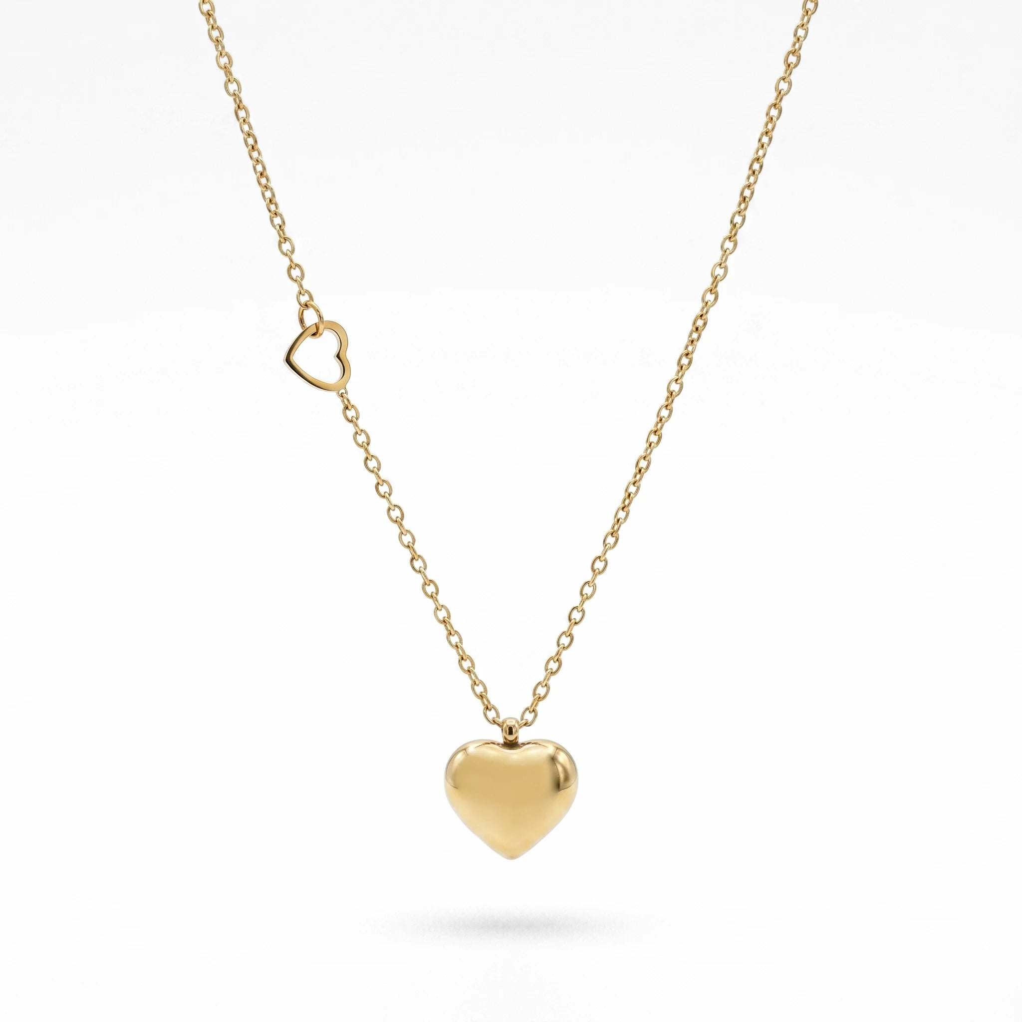 QIAOREN 10824 18K Gold Plated Asymmetrical Double Heart Pendant Necklace Stainless Steel Tarnish Free Waterproof Jewelry