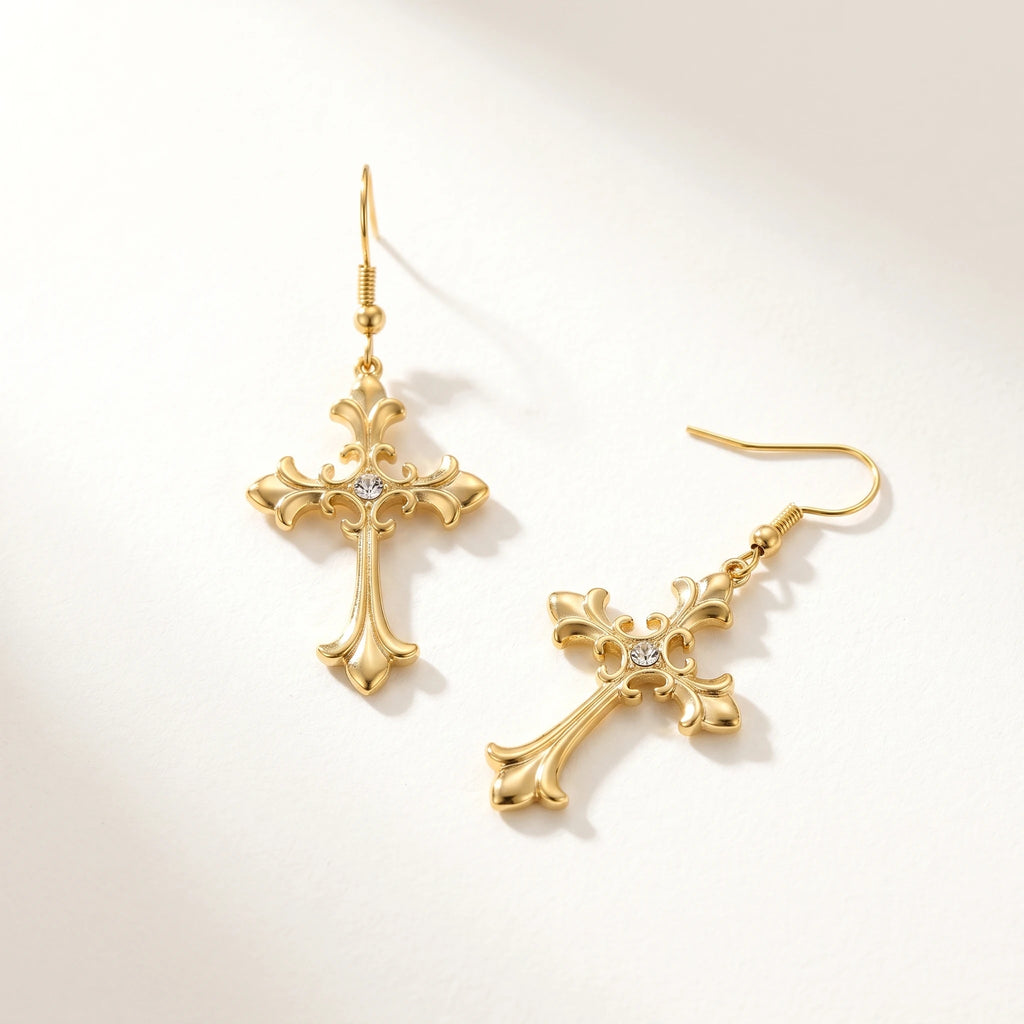 QIAOREN 10829 18K Gold Plated Stainless Steel Ornate Cross Earrings with CZ for Women