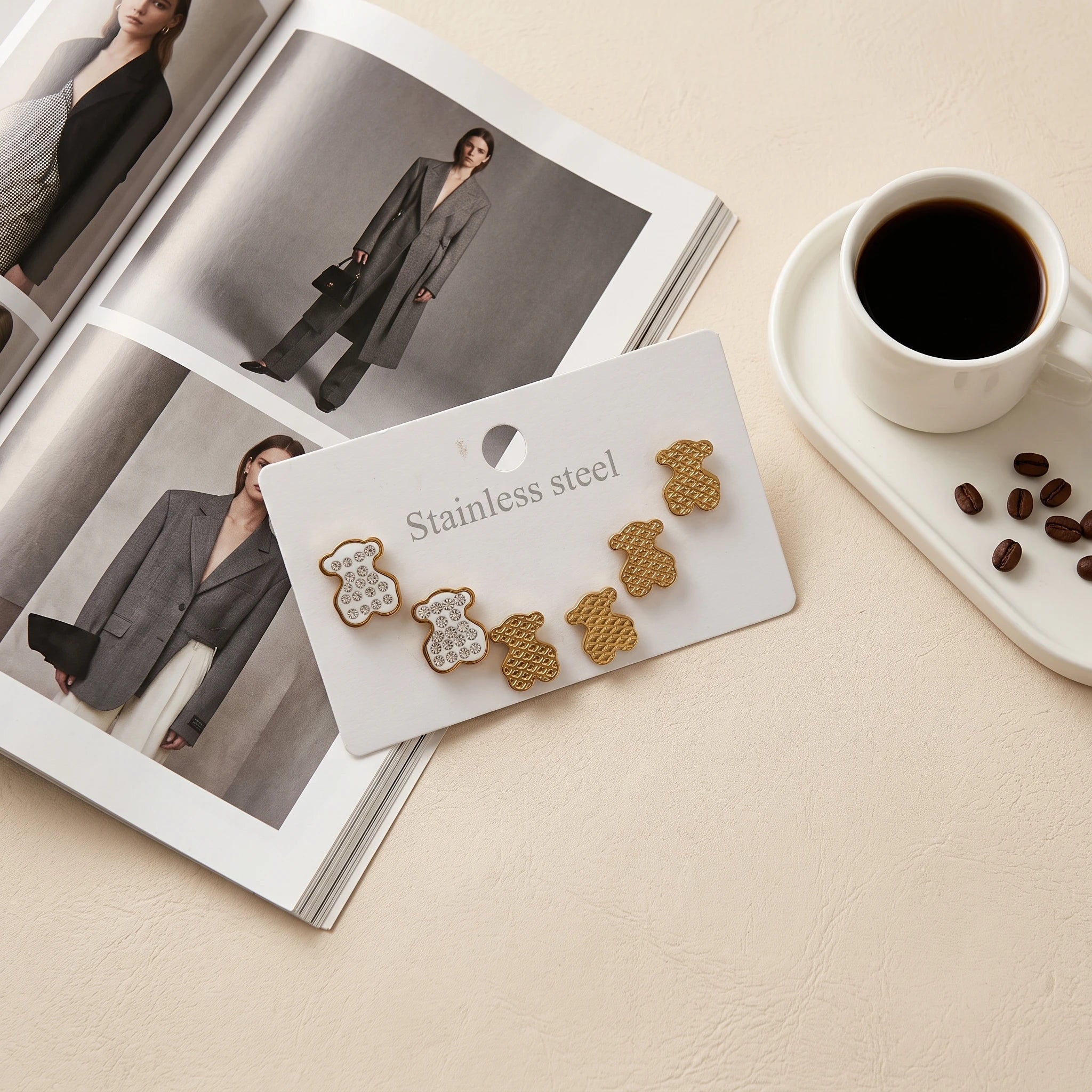 QIAOREN 14466 3 Pair Gold Stainless Steel Bear Stud Earrings, Paved CZ Enamel Bear & Honeycomb Textured Bear Earrings