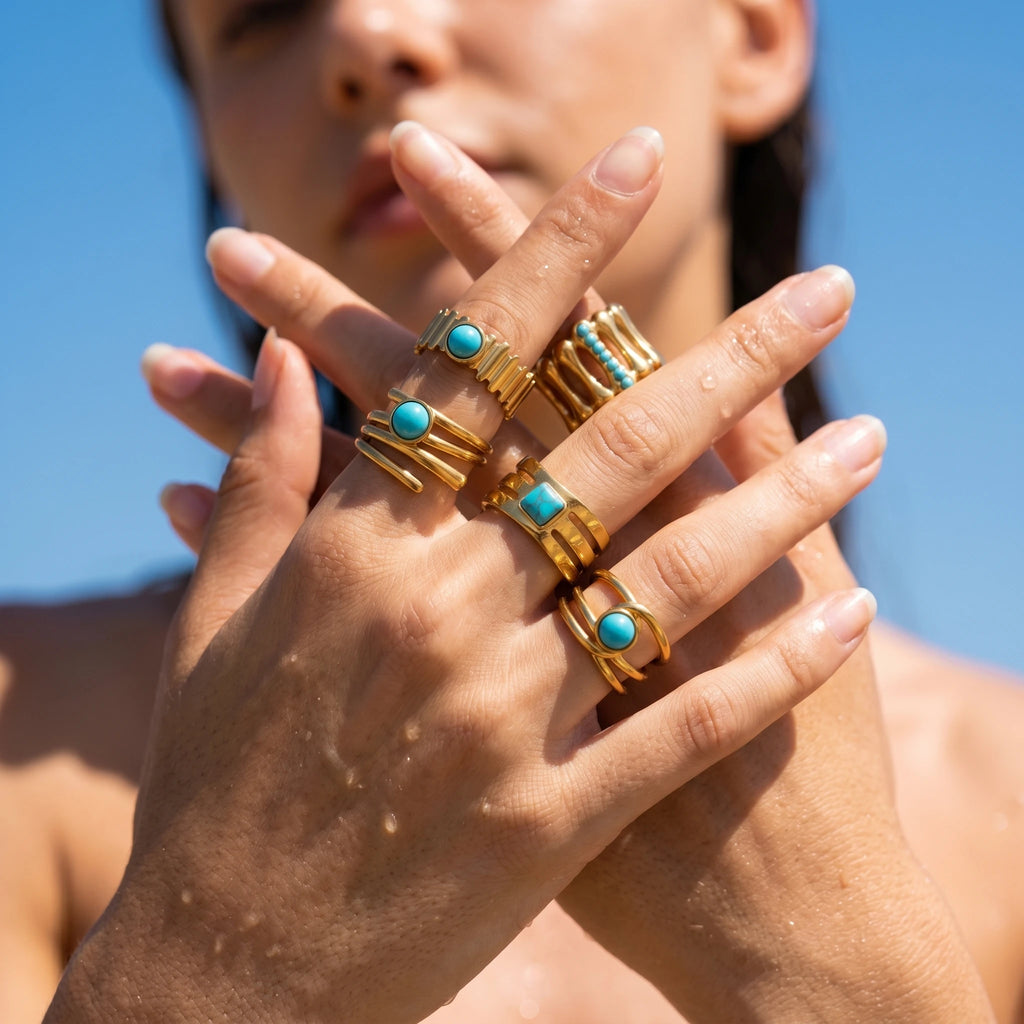 QIAOREN 13151-55 5Pcs Gold Stainless Steel Turquoise Open Ring Set Geometric Stackable Adjustable Boho Waterproof Jewelry