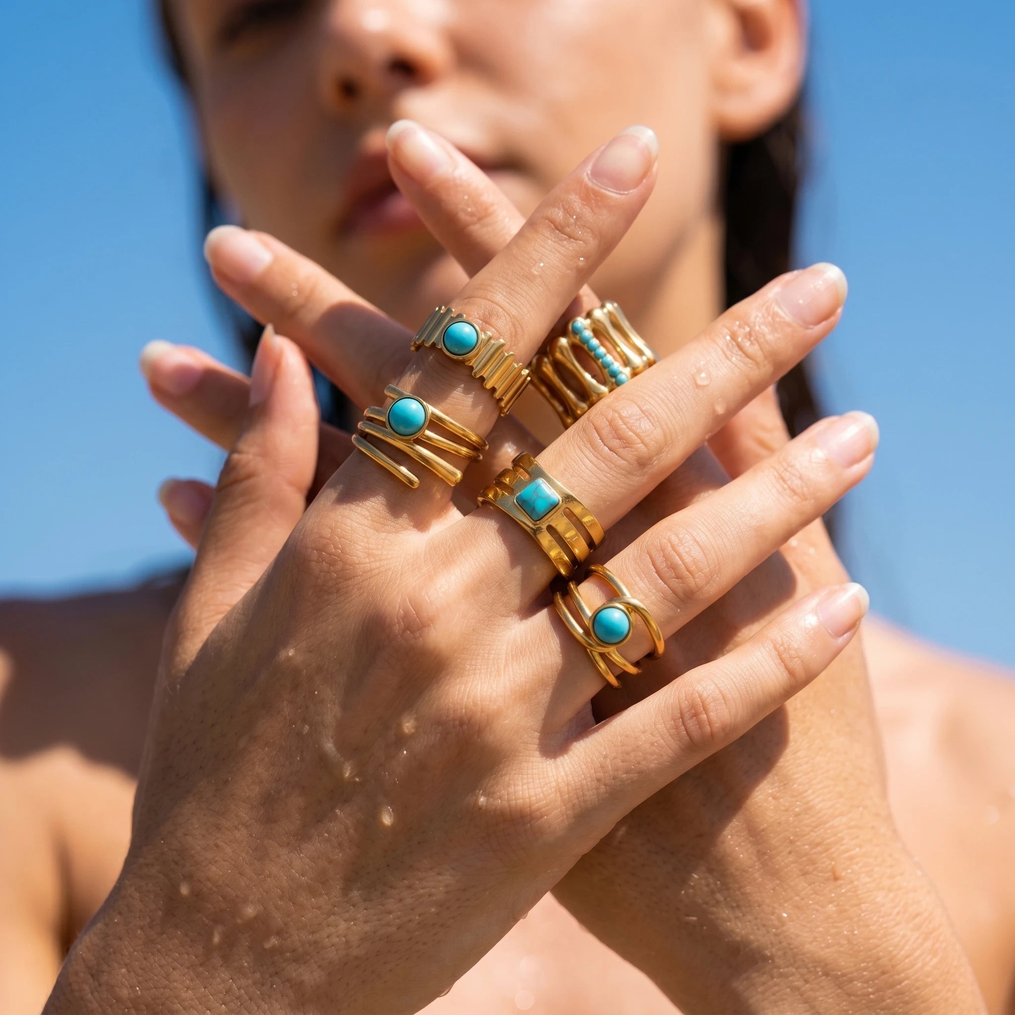 QIAOREN 13151-55 5Pcs Gold Stainless Steel Turquoise Open Ring Set Geometric Stackable Adjustable Boho Waterproof Jewelry
