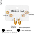 QIAOREN 14464 3 Pair Gold Stainless Steel Earrings Set, Round CZ Studs, Paved Clover Studs & Smooth Chunky for Daily Fashion