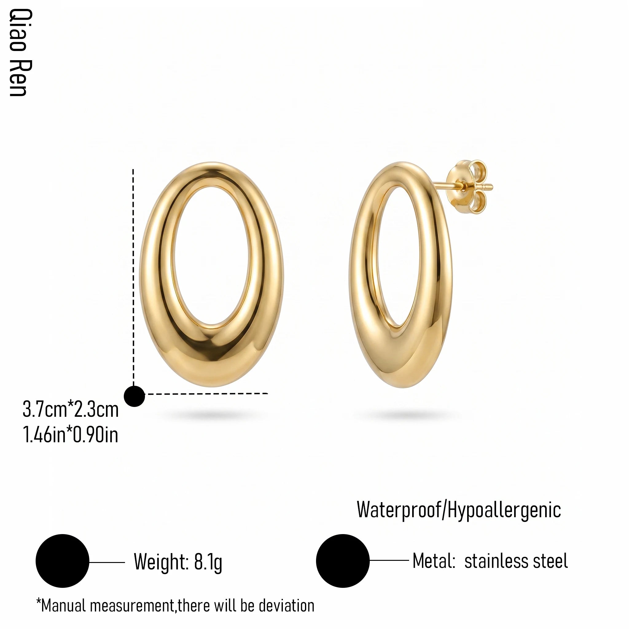 QIAOREN 14055 Polished Gold Chunky Oval Hollow Stud Earrings, Thick Tube Open Oval Hoop Ear Stud Jewelry Gift