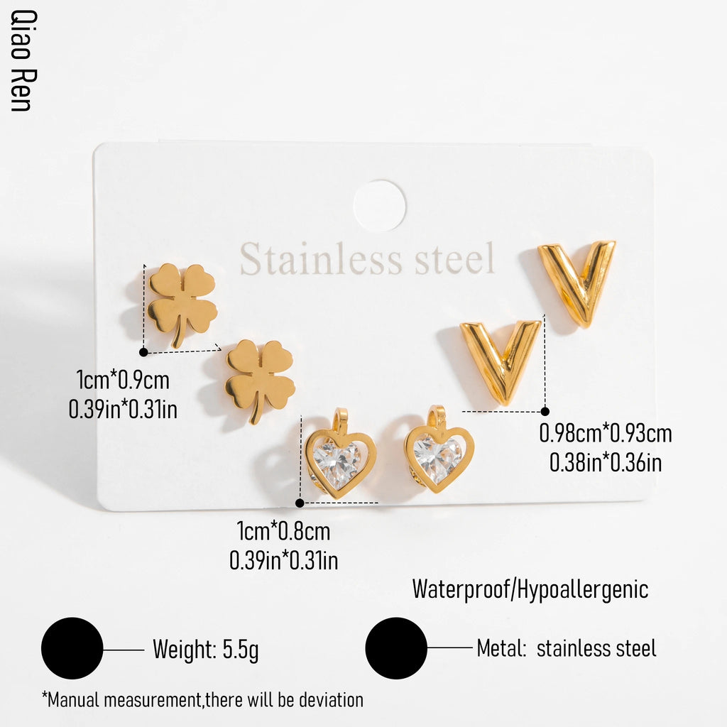QIAOREN 14459 3 Pair Gold Stainless Steel Stud Earrings Set, Clover, V Shape & Heart CZ Inlaid Studs for Daily Jewelry