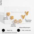 QIAOREN 14459 3 Pair Gold Stainless Steel Stud Earrings Set, Clover, V Shape & Heart CZ Inlaid Studs for Daily Jewelry