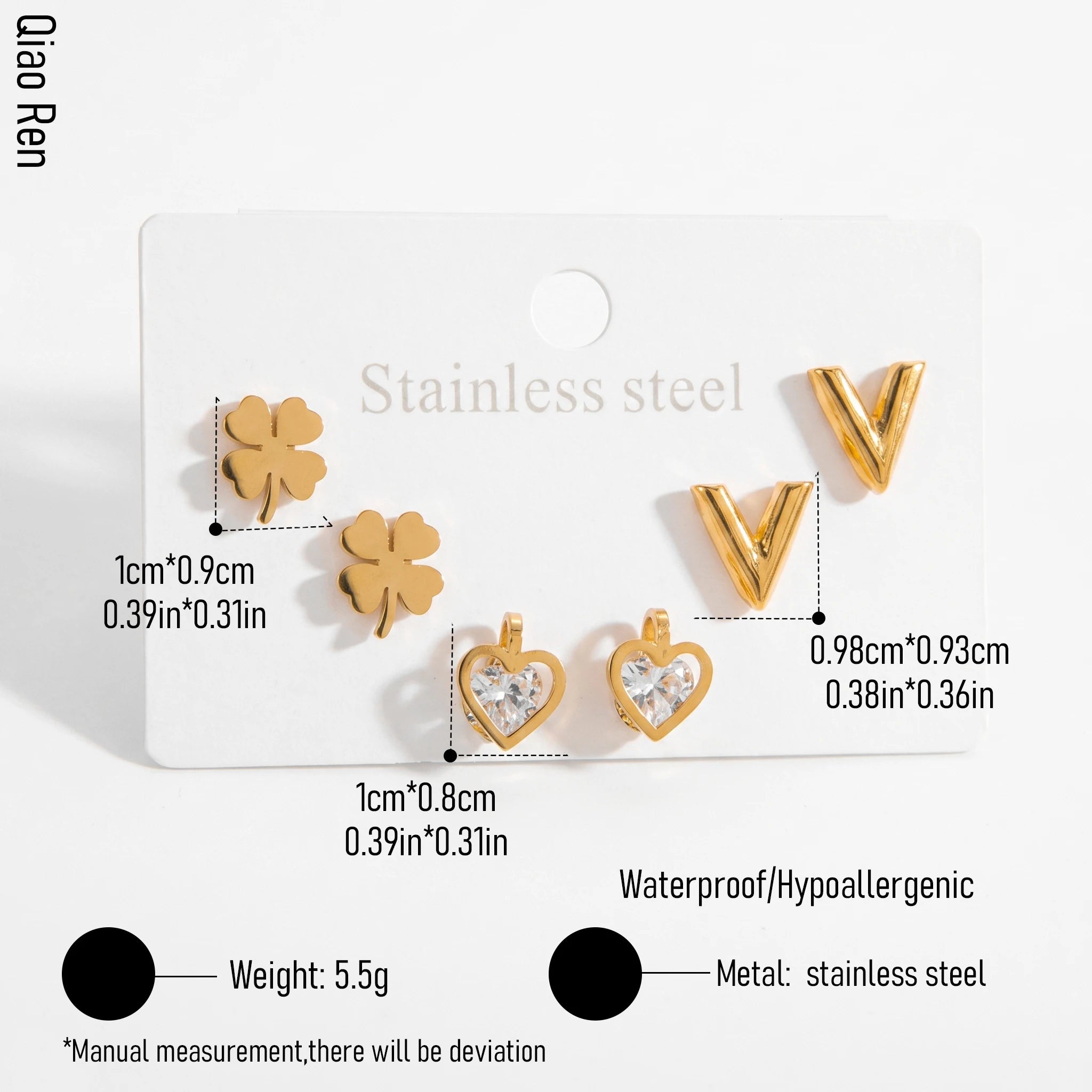 QIAOREN 14459 3 Pair Gold Stainless Steel Stud Earrings Set, Clover, V Shape & Heart CZ Inlaid Studs for Daily Jewelry