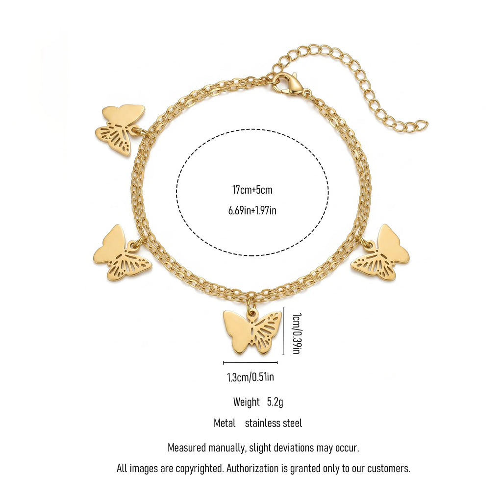 QIAOREN 11424 18K Gold Plated Stainless Steel Double Butterfly Anklet Waterproof Tarnish Free Adjustable Beach Jewelry Women