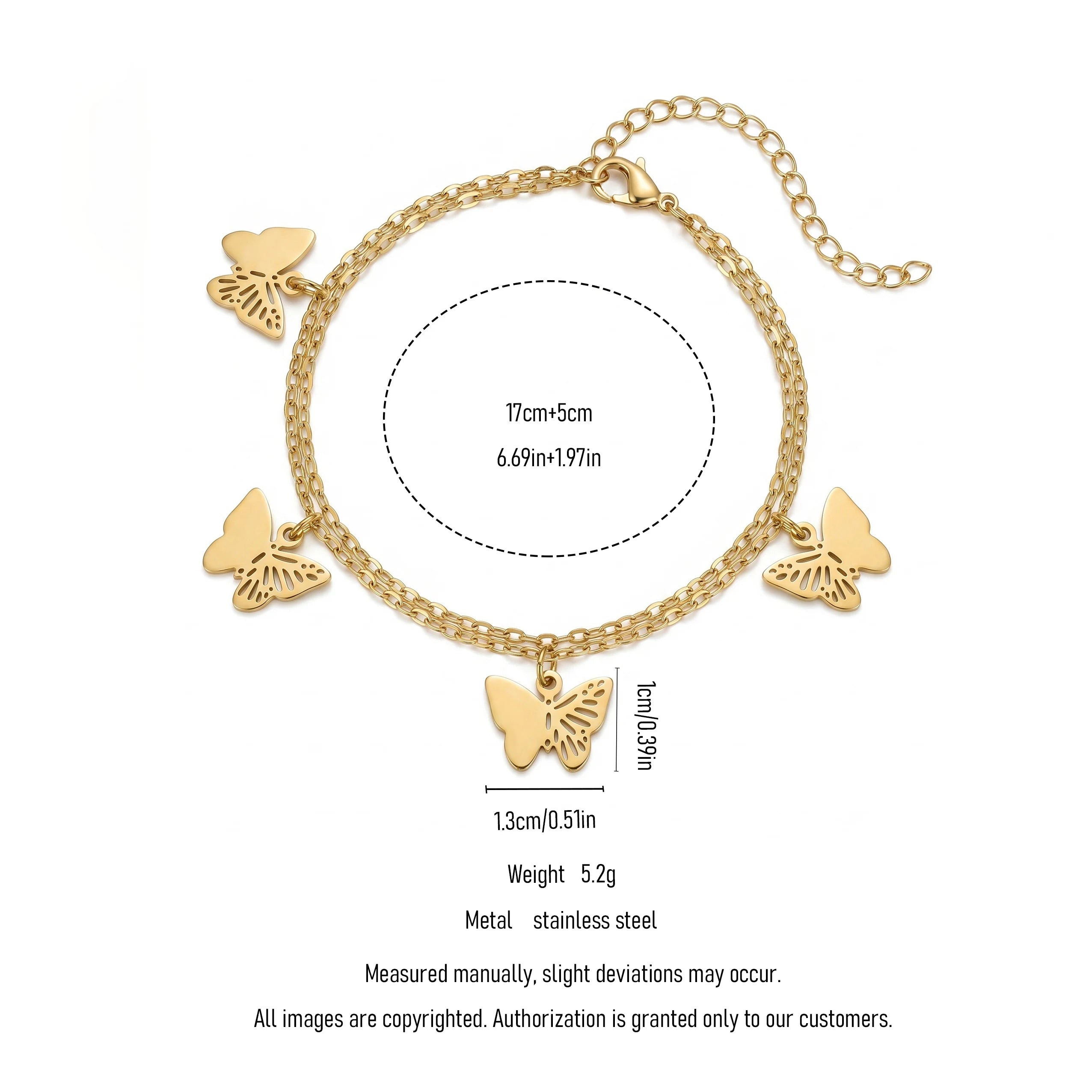 QIAOREN 11424 18K Gold Plated Stainless Steel Double Butterfly Anklet Waterproof Tarnish Free Adjustable Beach Jewelry Women