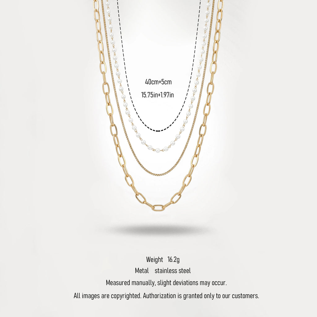 QIAOREN 11353 18K Gold Plated 3 Layered Pearl & Paperclip Chain Necklace Stainless Steel Tarnish Free