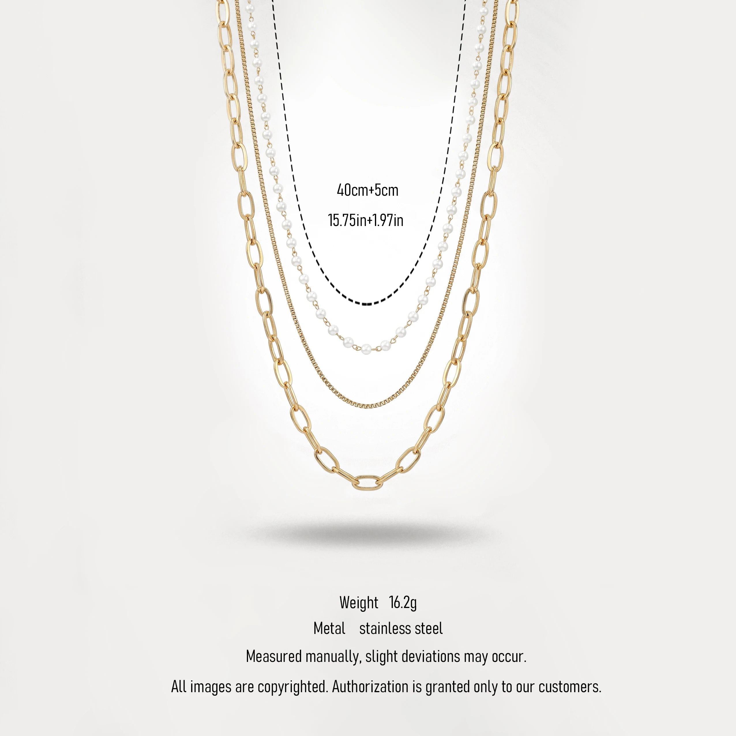 QIAOREN 11353 18K Gold Plated 3 Layered Pearl & Paperclip Chain Necklace Stainless Steel Tarnish Free