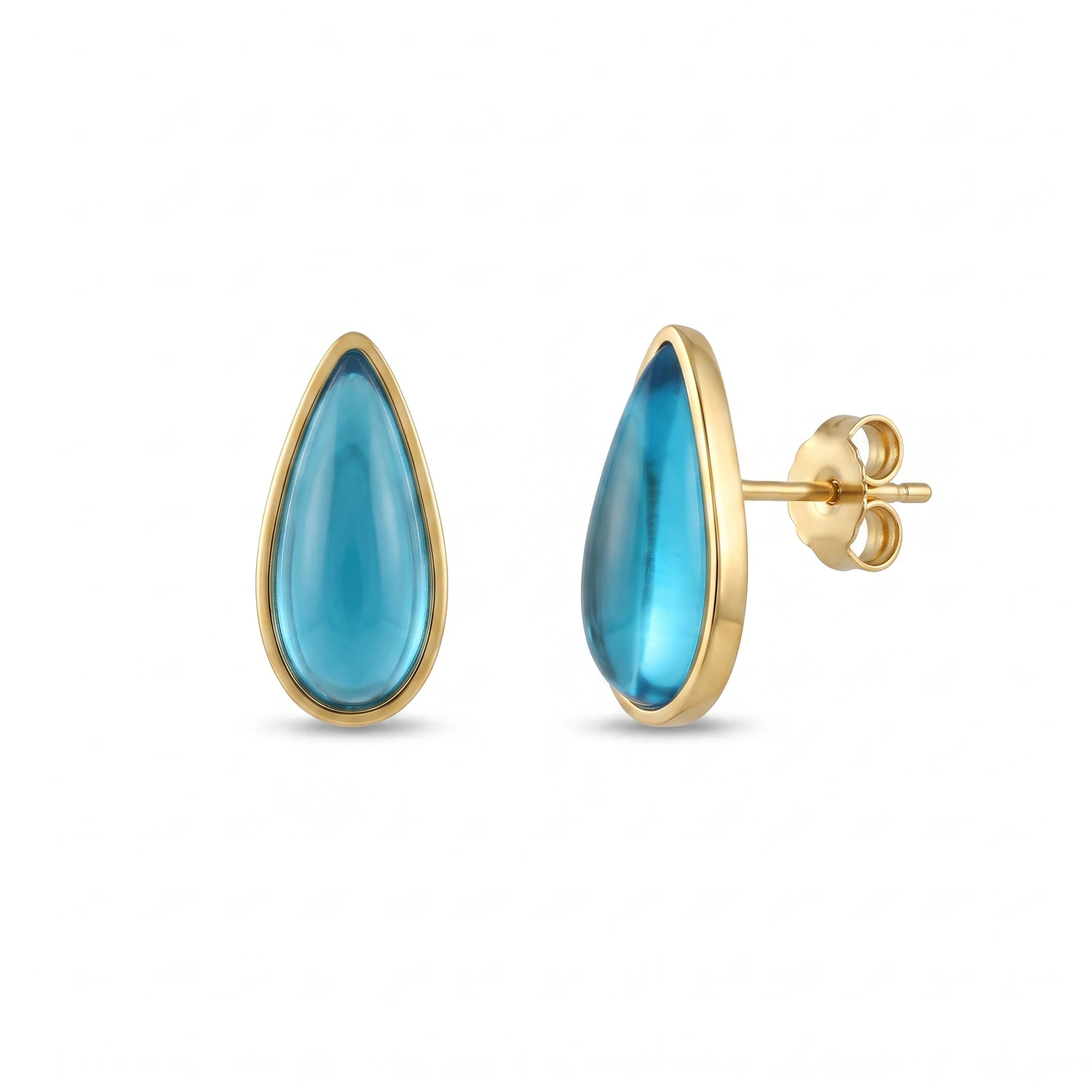QIAOREN 13670 Bezel Set Teardrop Sky Blue Gloss Resin Stud Earrings, Smooth Cabochon Gem Polished Gold Frame Piercing Jewelry