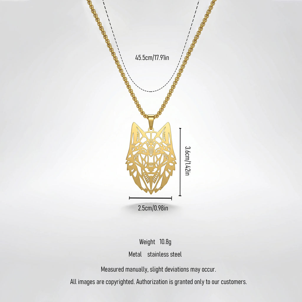 QIAOREN 12045 Gold Plated Stainless Steel Wolf Head Pendant Necklace Cutout Animal Charm Box Chain Punk Jewelry for Men Women