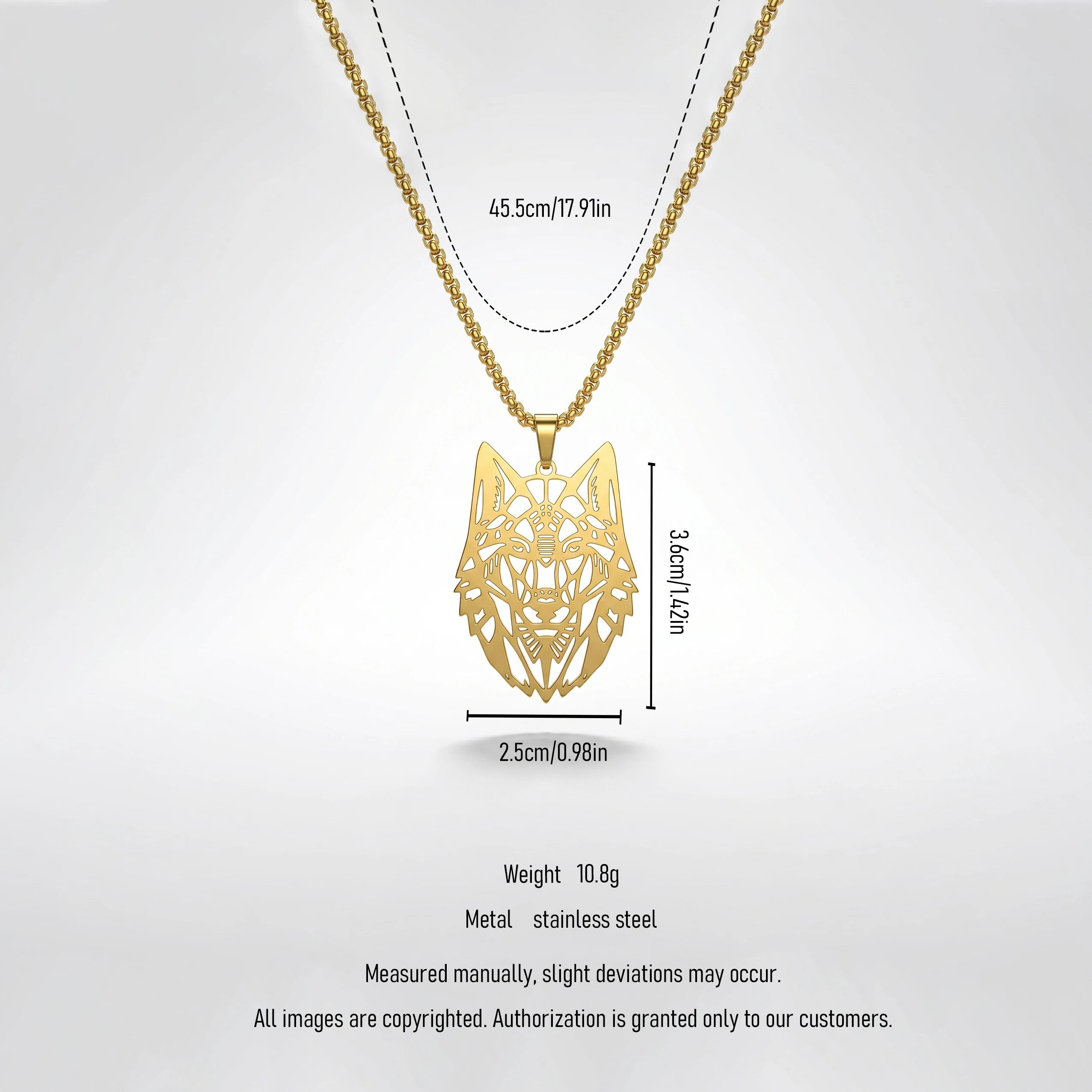 QIAOREN 12045 Gold Plated Stainless Steel Wolf Head Pendant Necklace Cutout Animal Charm Box Chain Punk Jewelry for Men Women