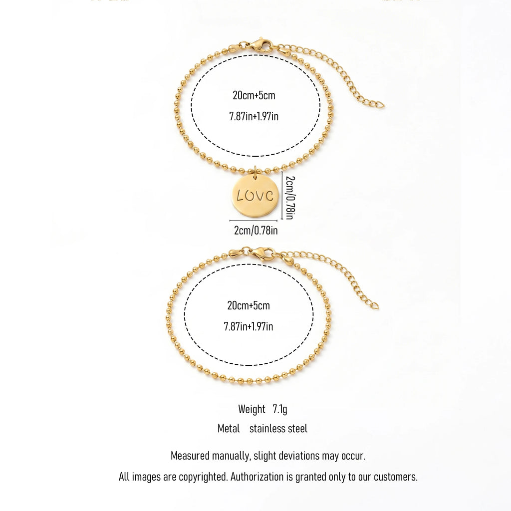 QIAOREN 11882 Waterproof Engraved LOVE Disc Bead Bracelet Set 18K Gold Stainless Steel 2Pcs Stackable Beach Vacation Jewelry