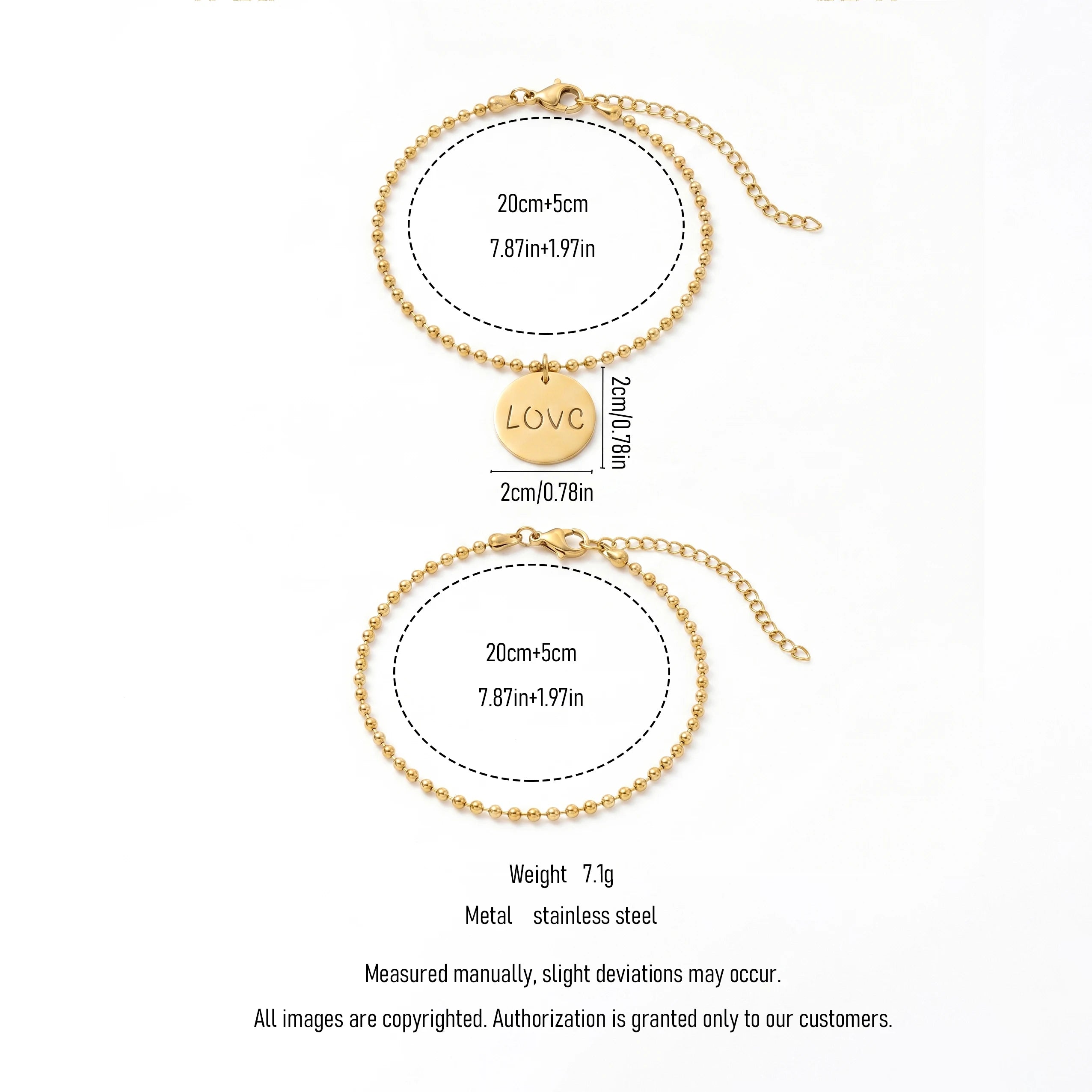 QIAOREN 11882 Waterproof Engraved LOVE Disc Bead Bracelet Set 18K Gold Stainless Steel 2Pcs Stackable Beach Vacation Jewelry