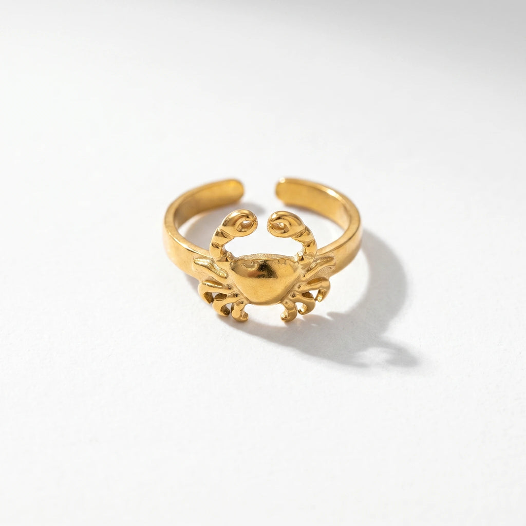 QIAOREN 13096-100 5Pcs 18K Gold Plated Stainless Steel Open Ring Set, Adjustable Stackable Sea Shell & Krab Finger Rings